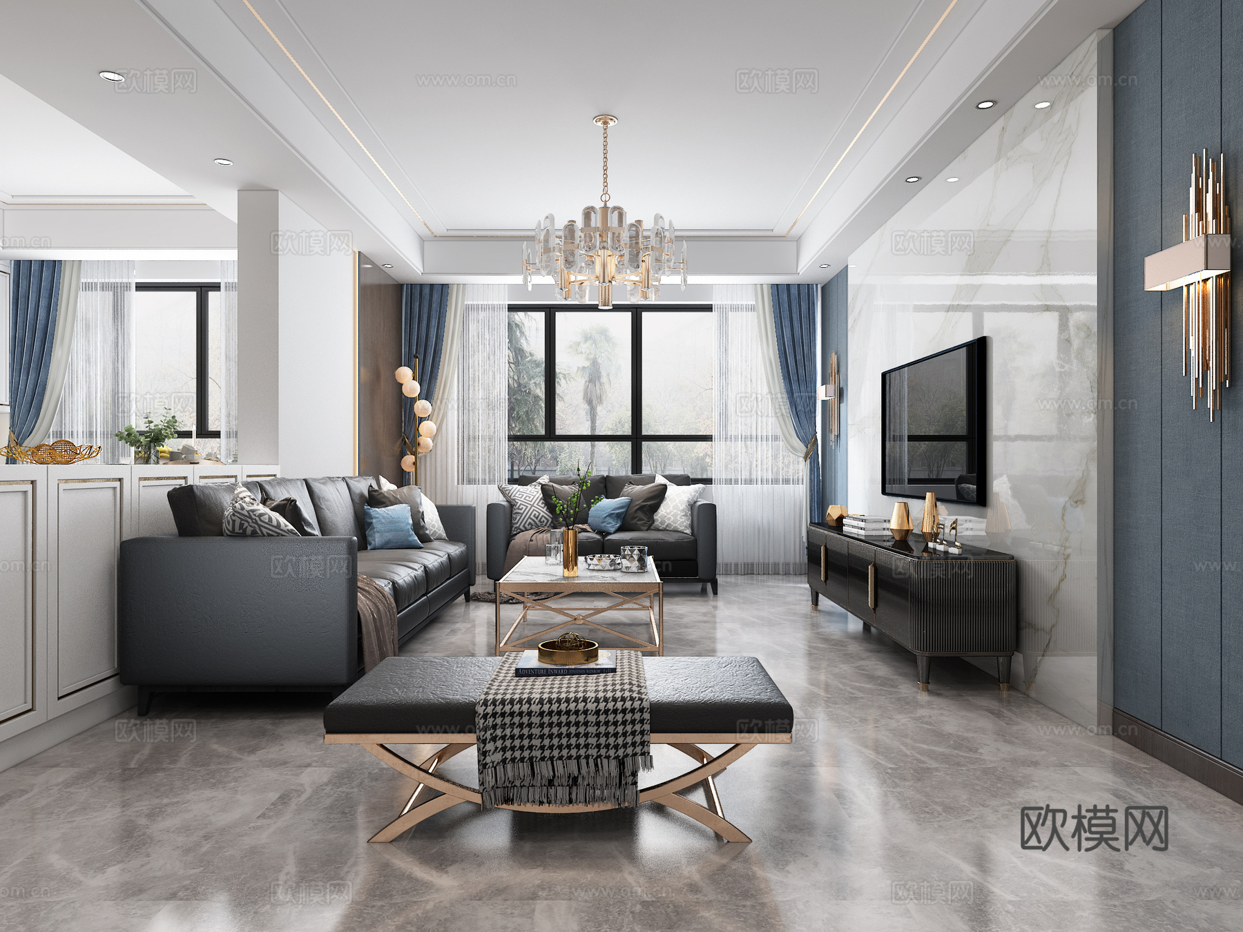 现代轻奢客厅 沙发组 吊灯 摆件 壁灯 电视柜3d模型