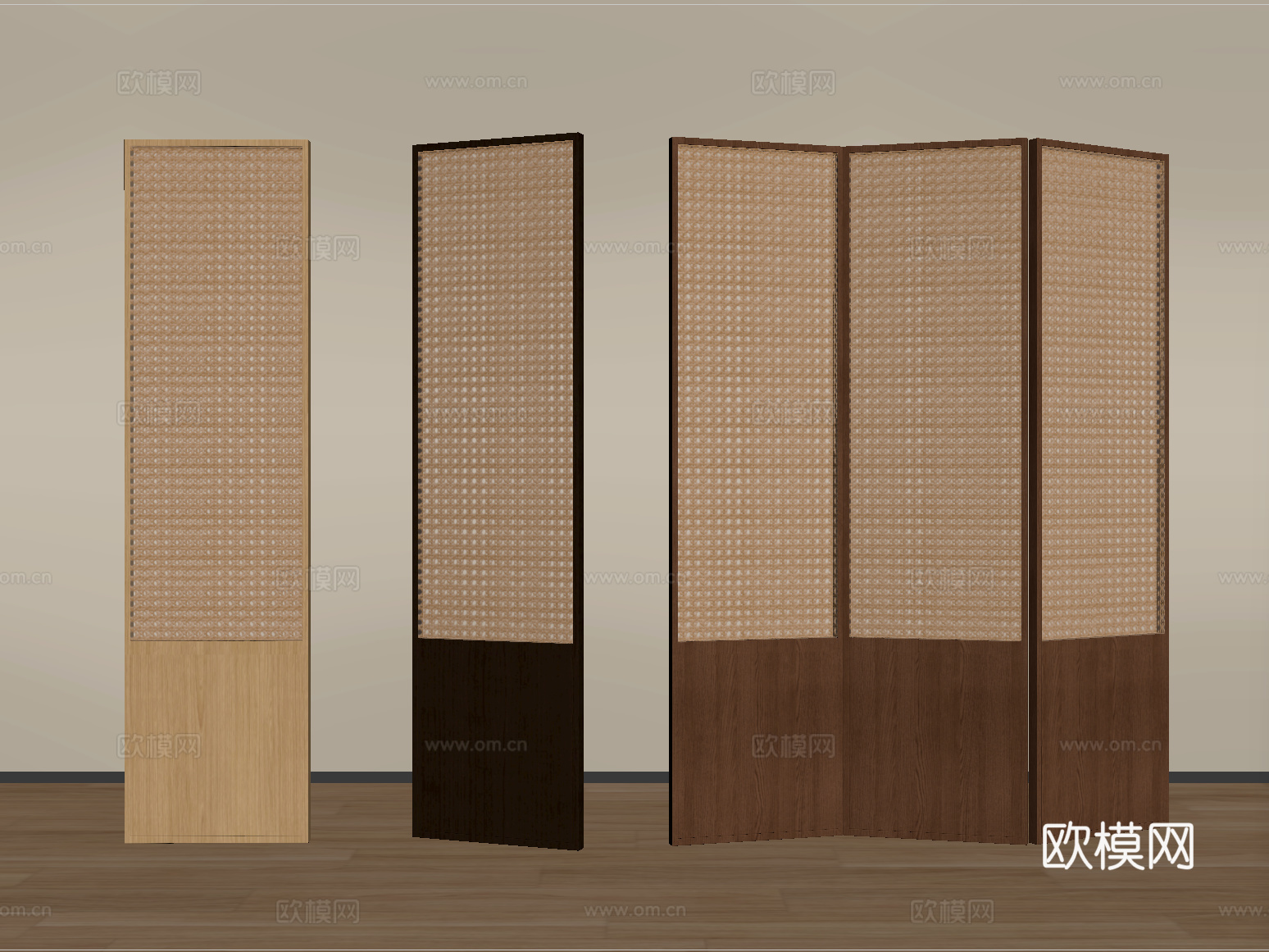 侘寂藤编折叠屏风 实木隔断su模型