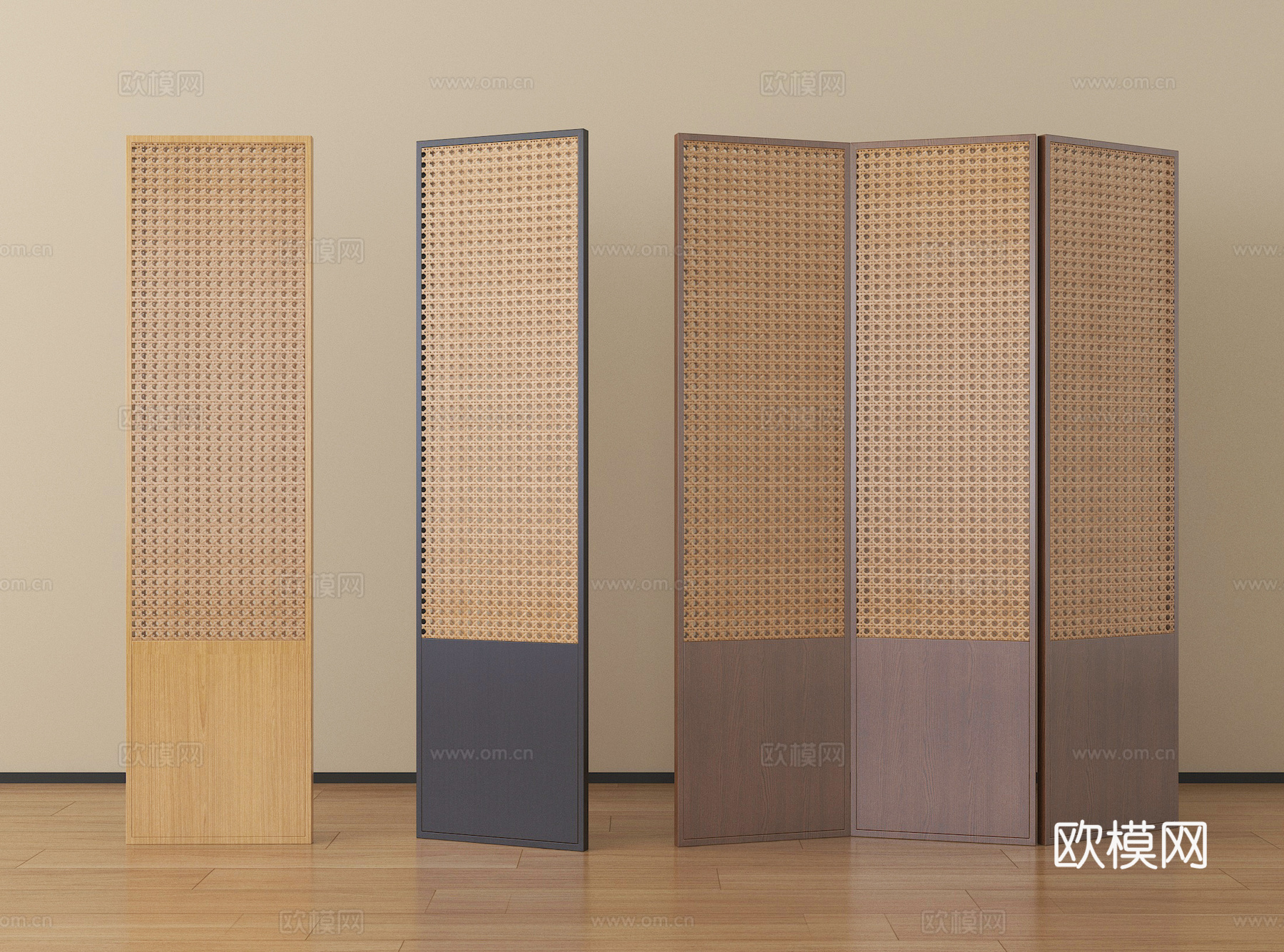 侘寂藤编折叠屏风 实木隔断su模型