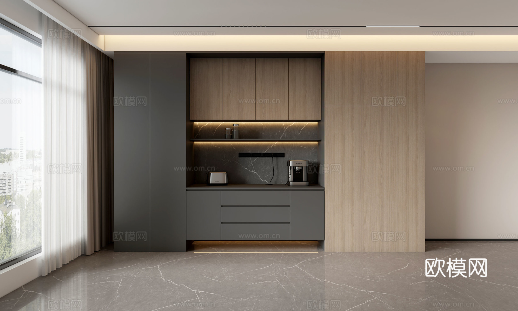 现代意式餐厅备餐台餐边柜su模型