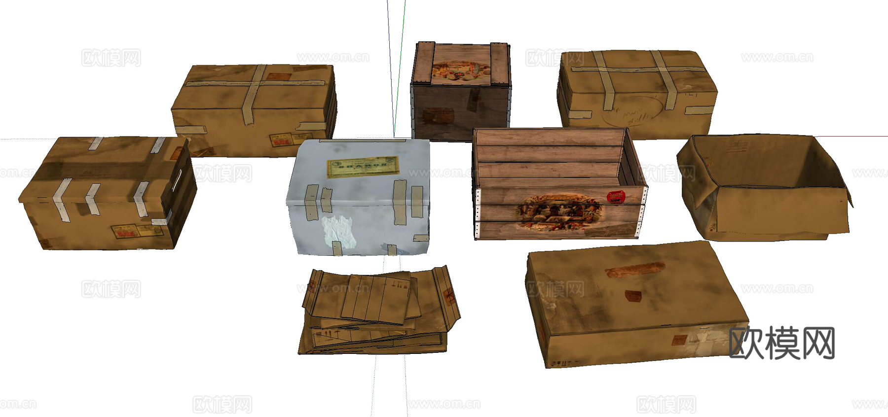 现代旧纸盒木箱组合su模型