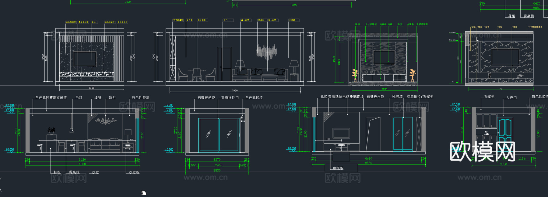 客厅立面图沙发背景墙电视背景墙客餐厅立面施工图图块图例cad施工图