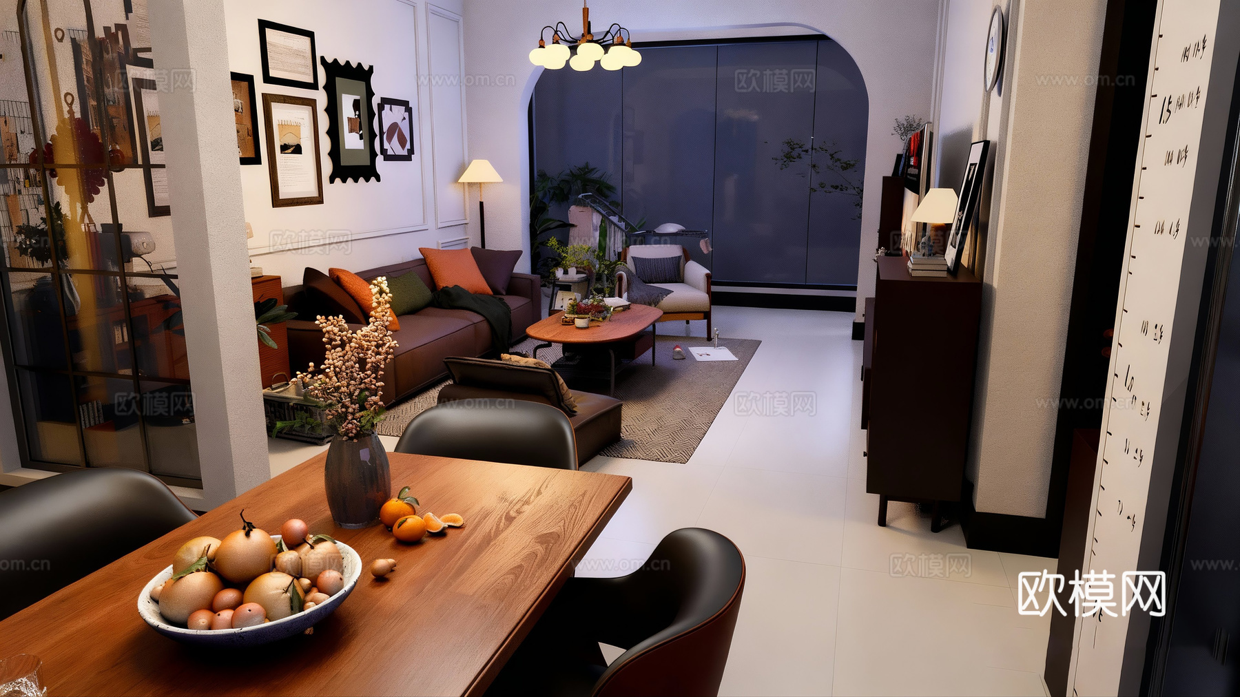 复古风客厅、木色客厅、su模型