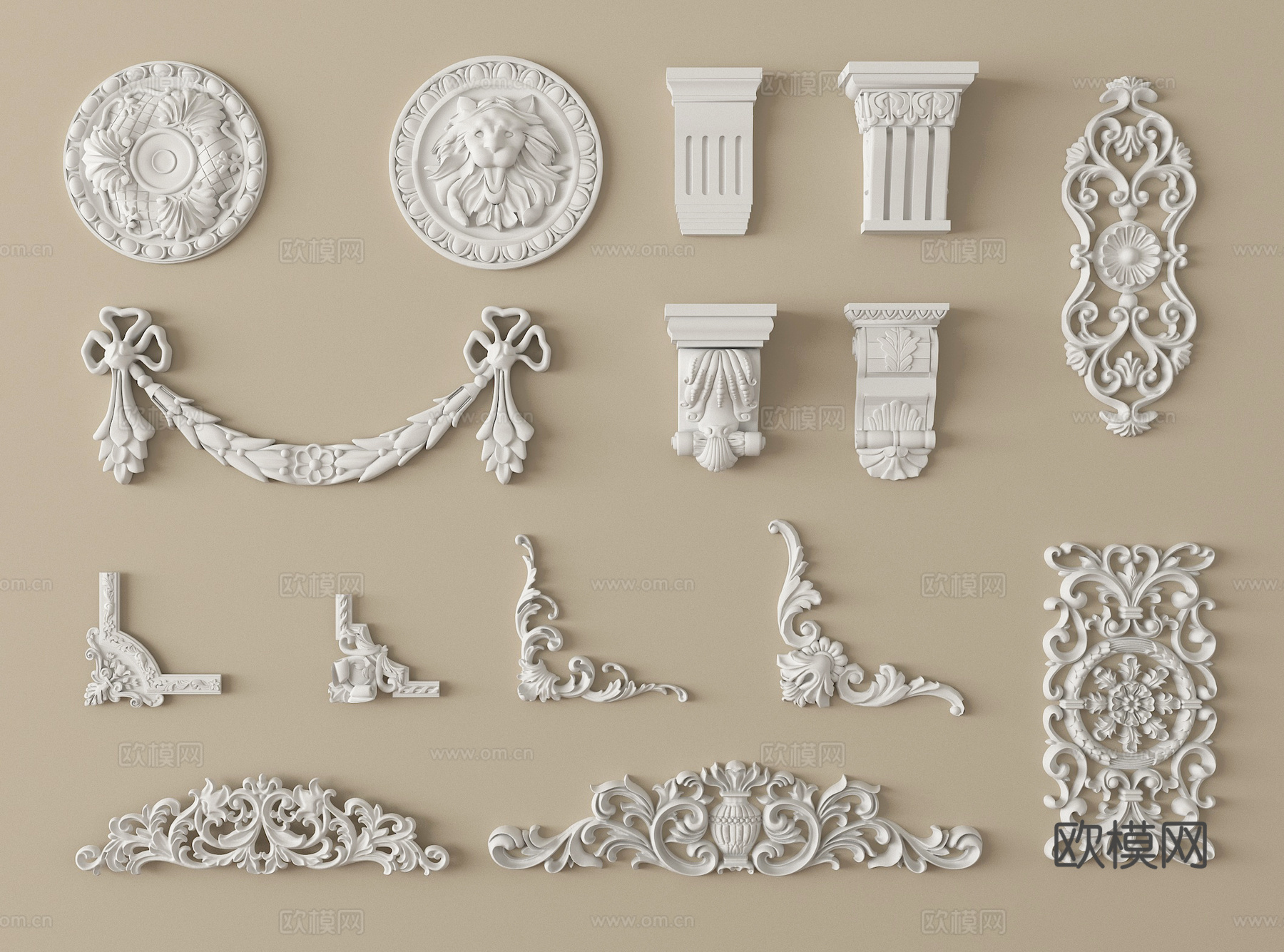 欧式雕花组合 石膏雕花 角花 柱头 灯盘 石膏构件su模型