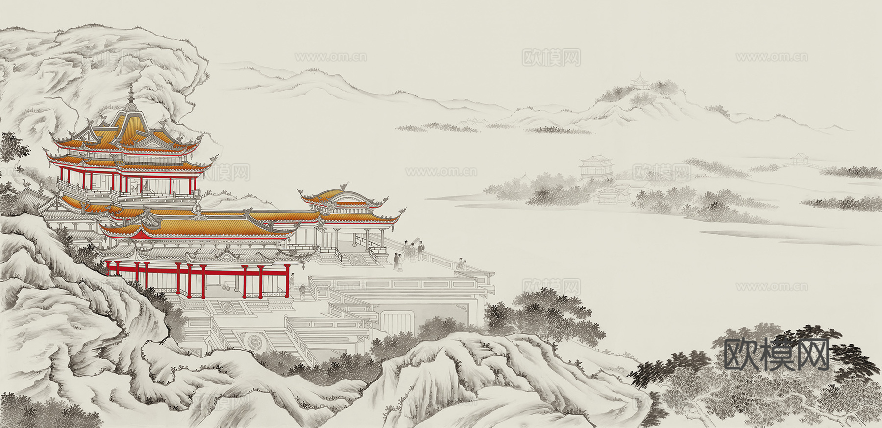 中式新中式山水楼阁意境壁纸壁画 硬包 装饰画