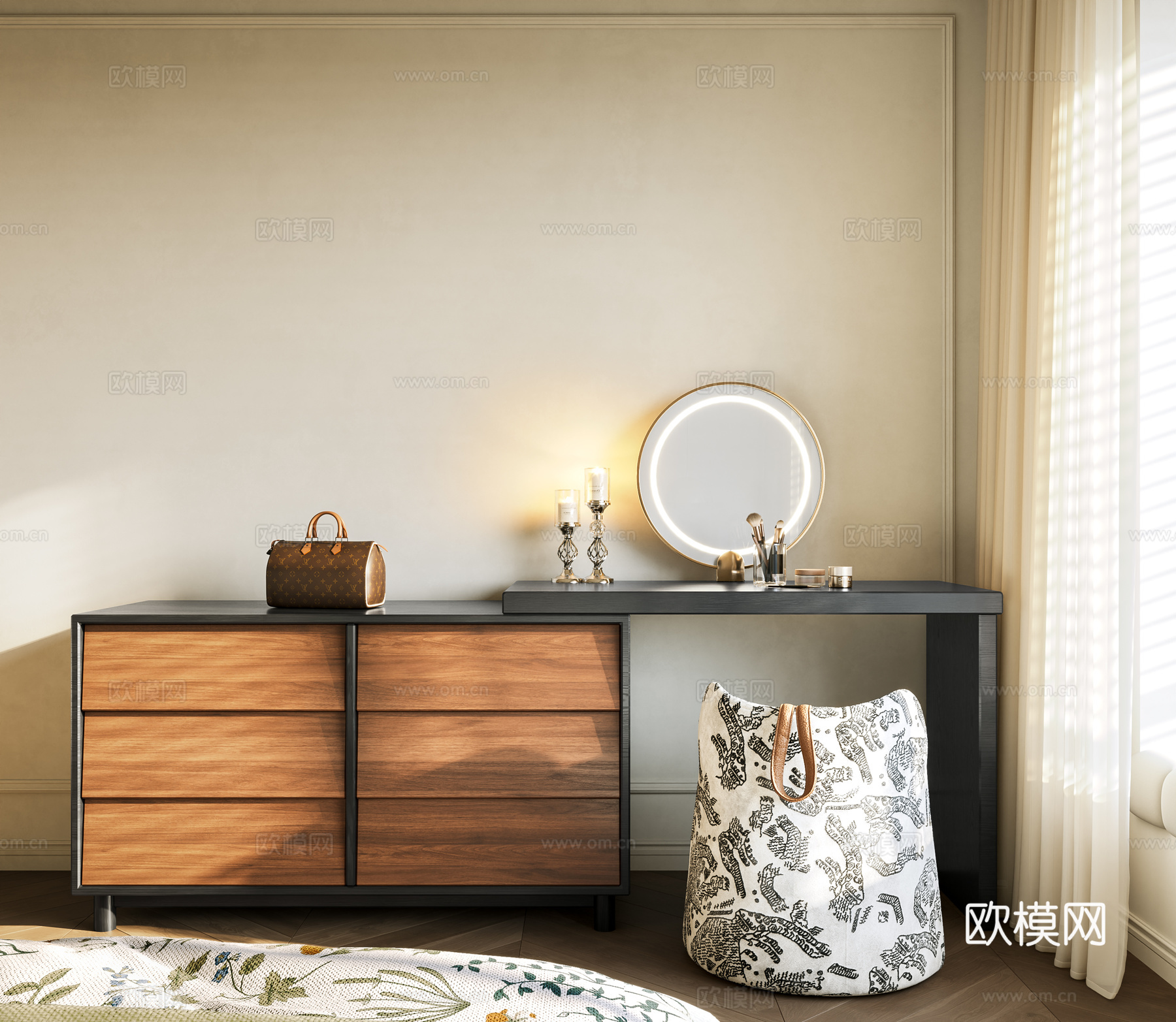 现代中古梳妆台 梳妆椅 中古书桌椅 化妆镜 妆台妆凳组合su模型