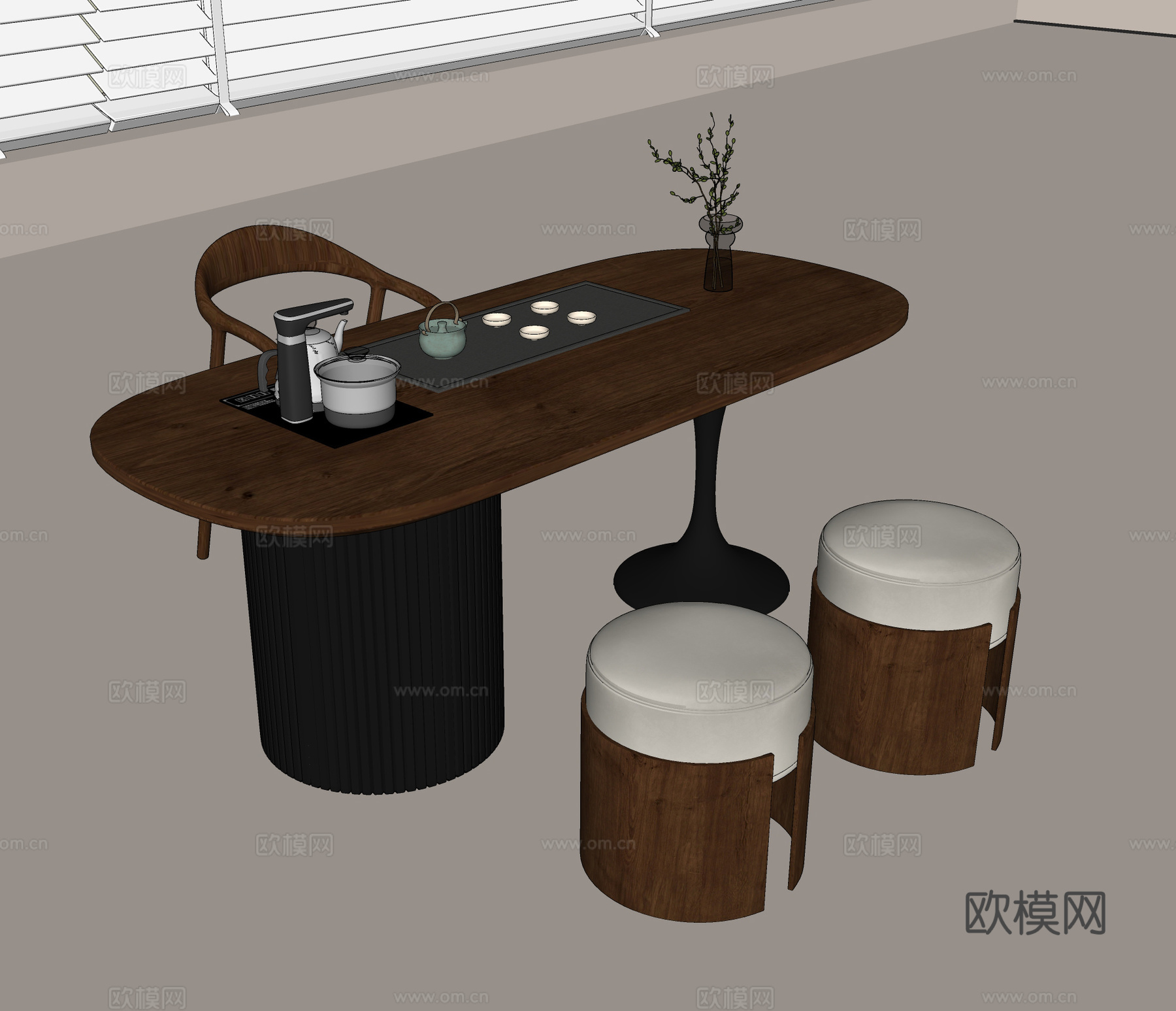 新中式茶桌椅组合 实木茶桌 休闲单椅 布艺圆凳 茶具组合su模型