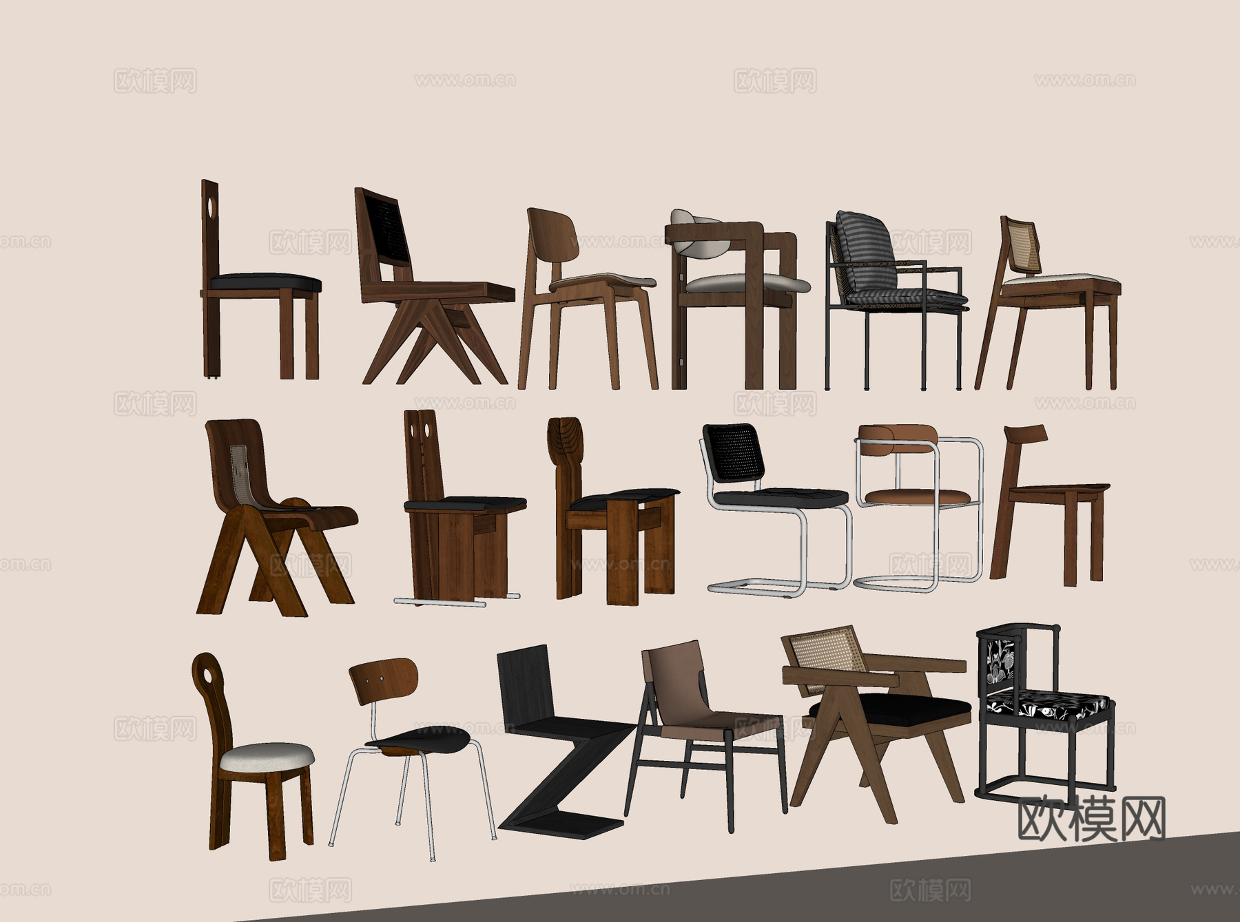 实木餐椅 实木单椅 金属单椅 休闲单椅su模型