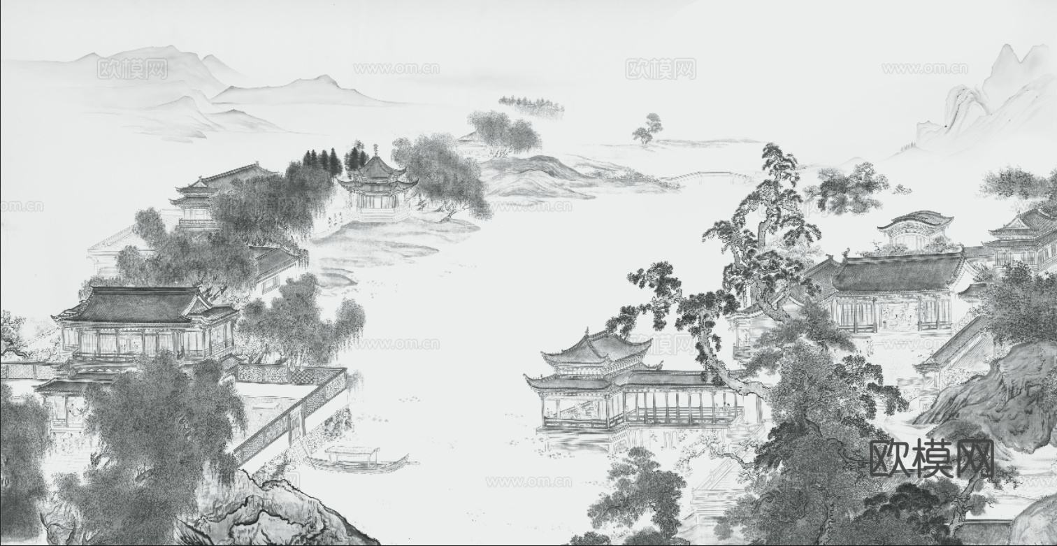 中式新中式山水楼阁意境壁纸壁画 硬包 装饰画