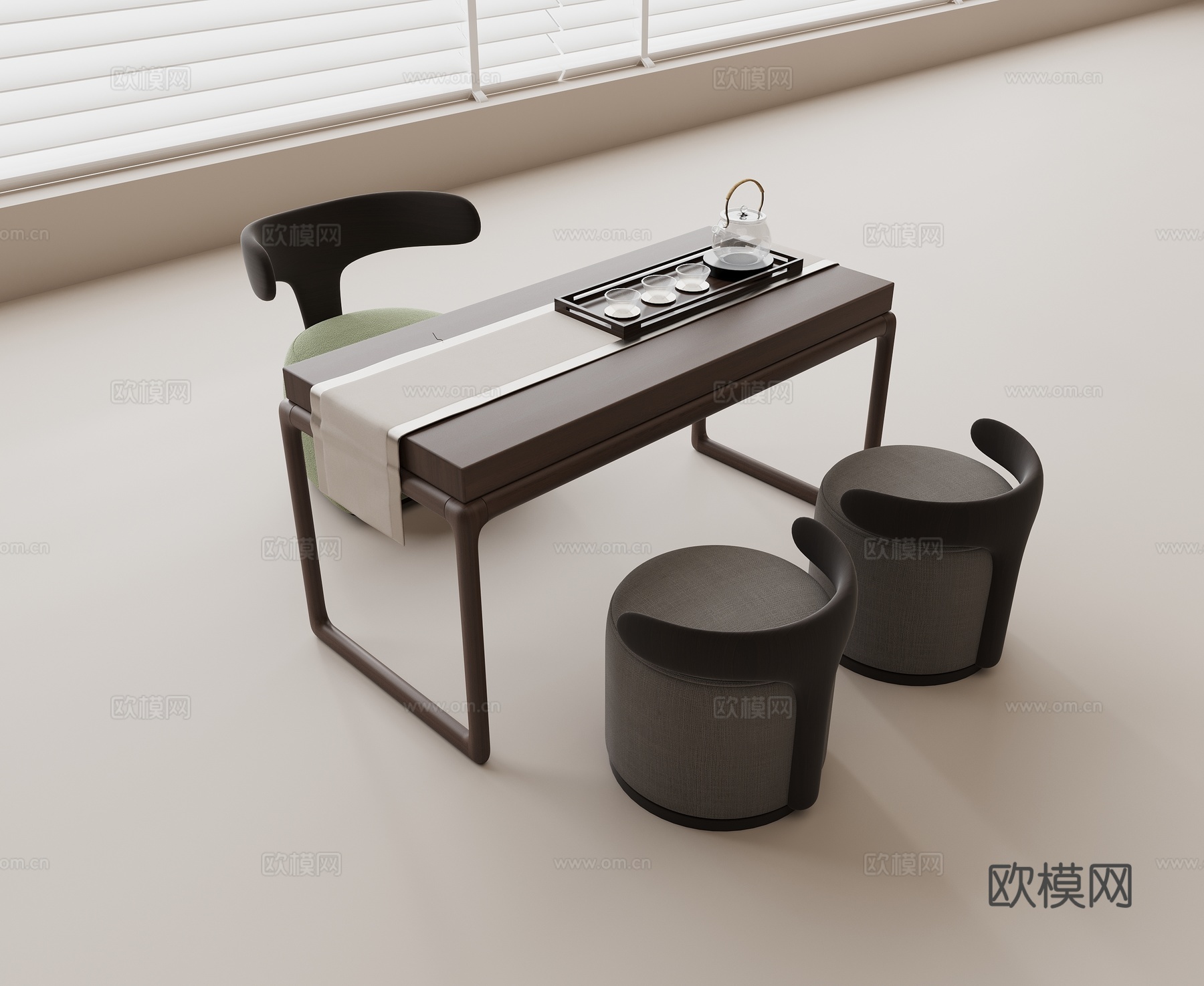 新中式茶桌椅组合 实木茶桌 休闲单椅 布艺圆凳 茶具组合su模型