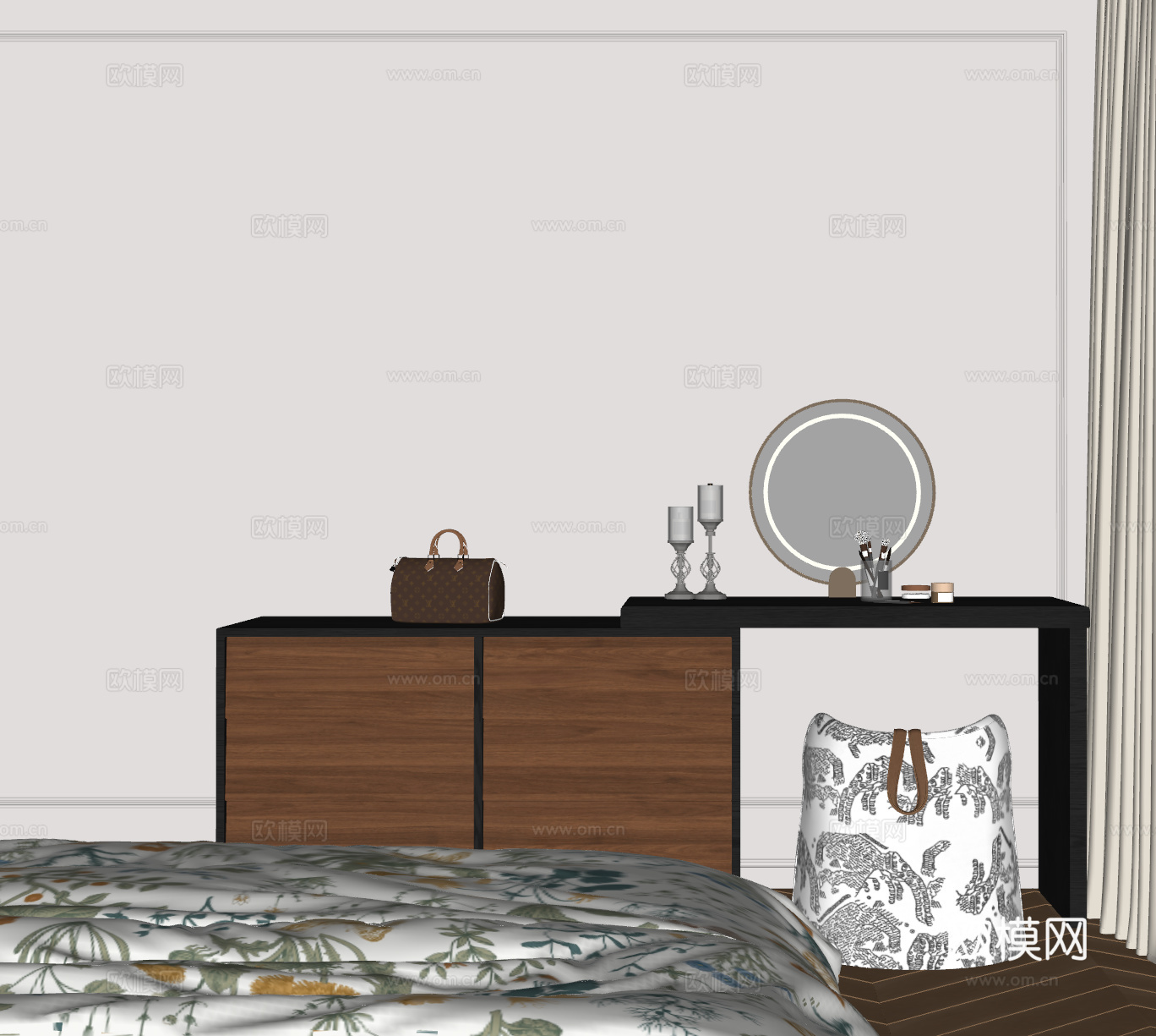 现代中古梳妆台 梳妆椅 中古书桌椅 化妆镜 妆台妆凳组合su模型