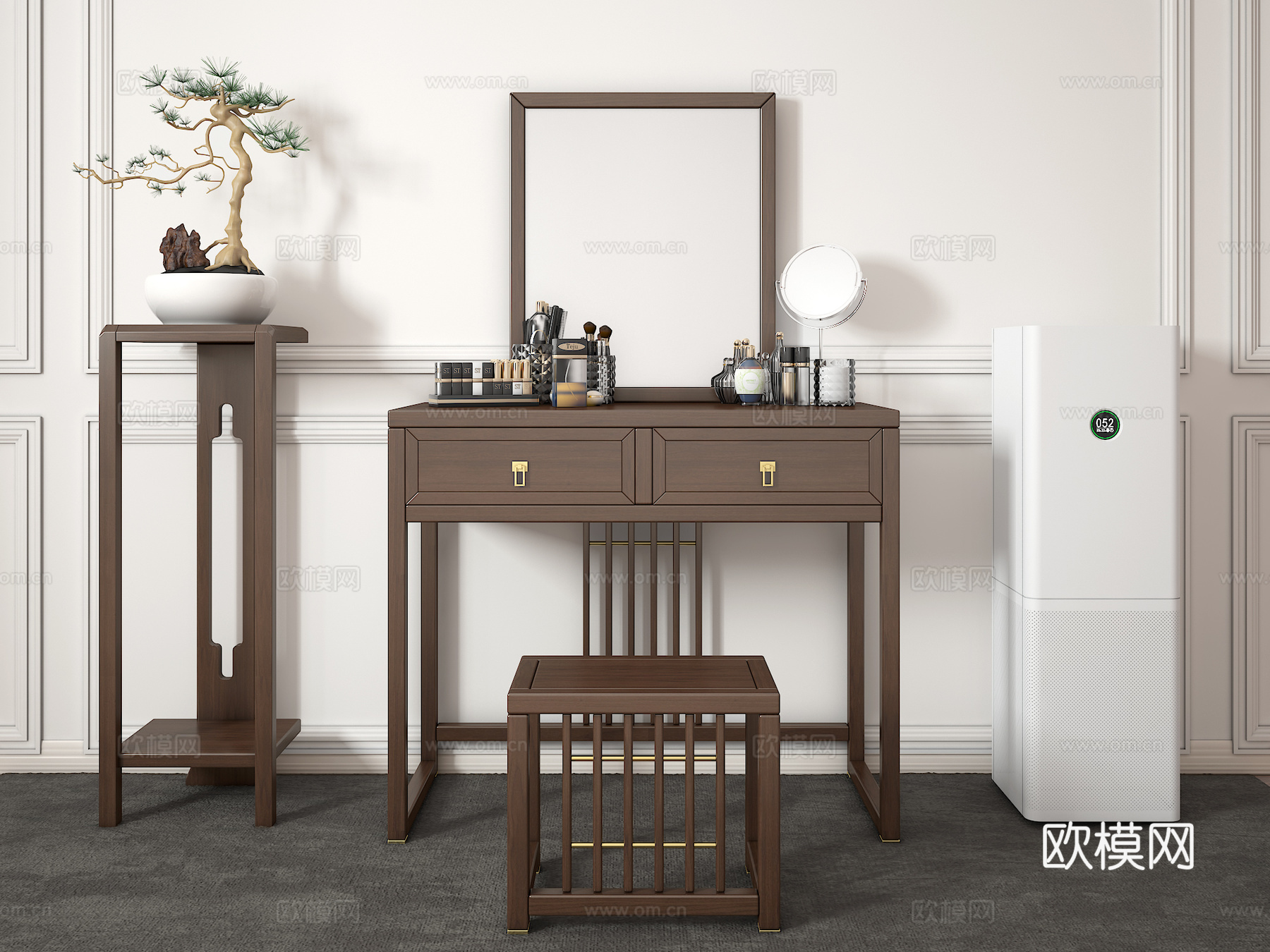 中式禅意梳妆台 中式梳妆台 化妆桌 化妆品 花架 电器3d模型下载