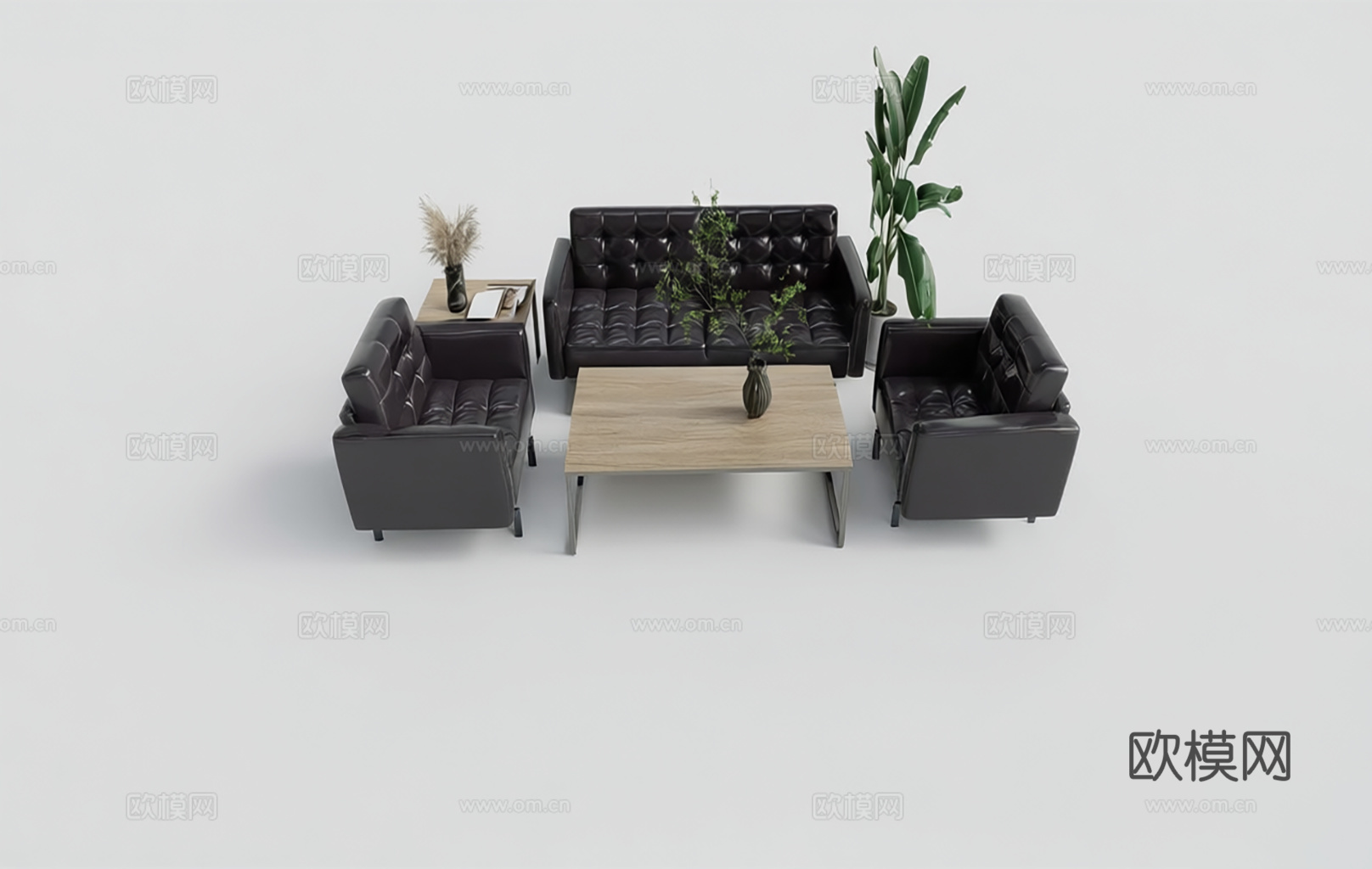 现代简约沙发茶几组合 深灰皮质沙发组合 方形绗缝沙发su模型