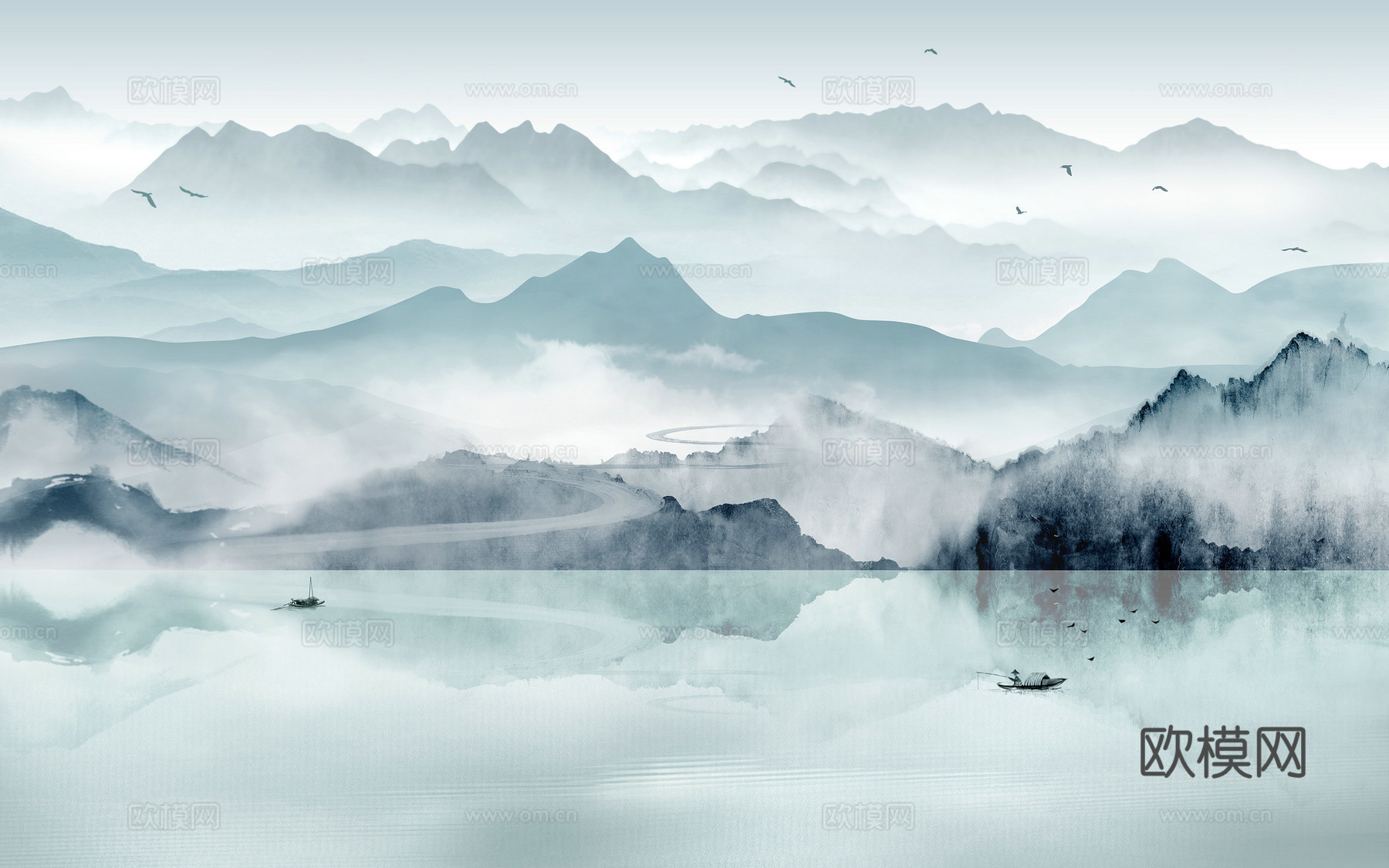 中式新中式山水水墨壁纸壁画装饰画