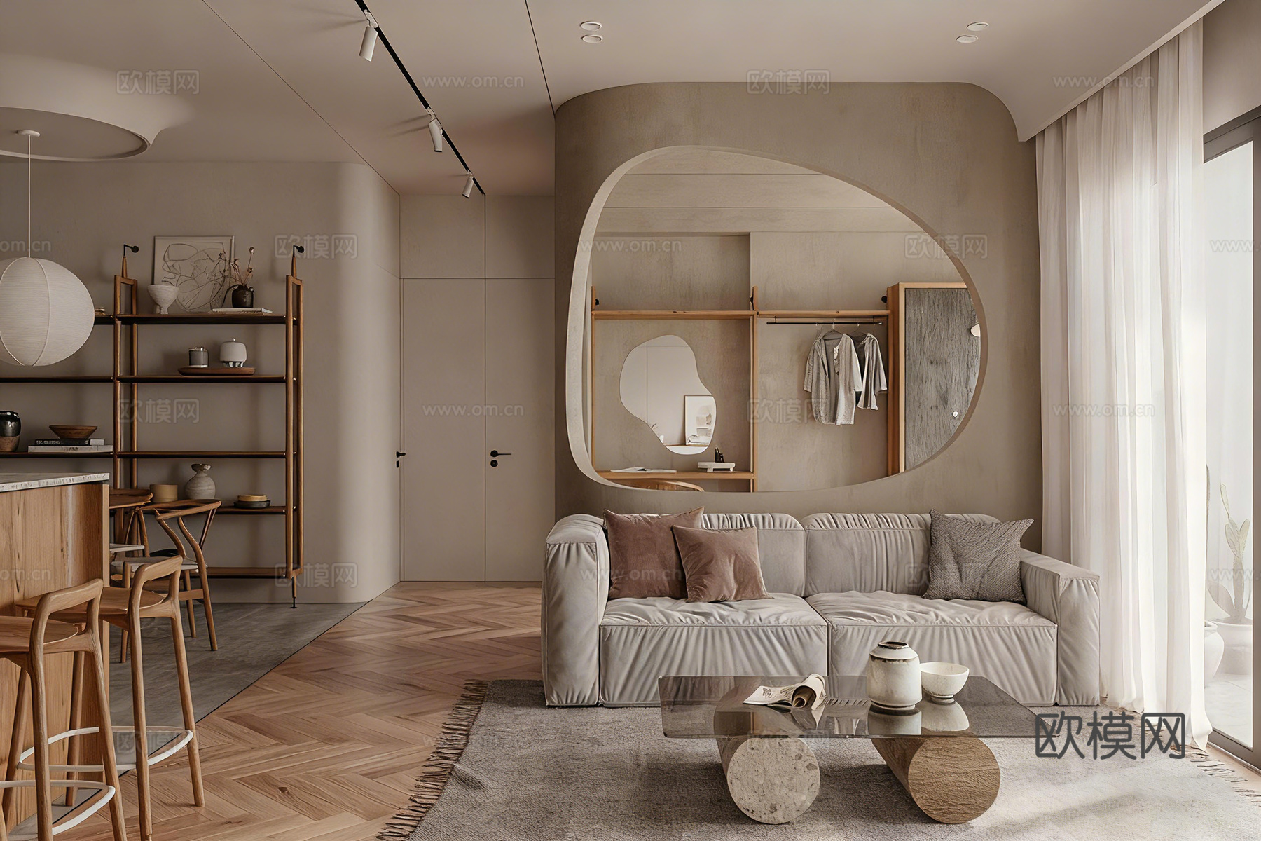 诧祭风民宿 全屋方案 开放式可餐厨一体 异形门窗3d模型下载（渲染图1）