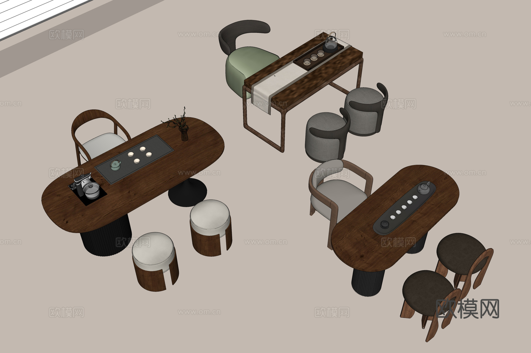 新中式茶桌椅组合 实木茶桌 休闲单椅 布艺圆凳 茶具组合su模型