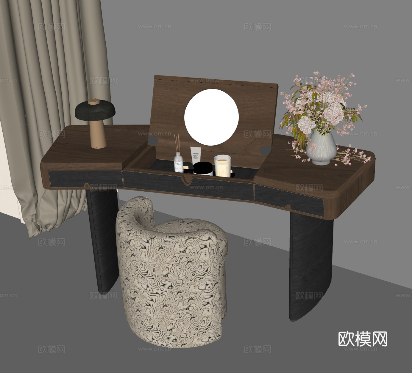 中古风梳妆台 梳妆椅 中古书桌椅 化妆镜 梳妆台摆件 妆台妆su模型