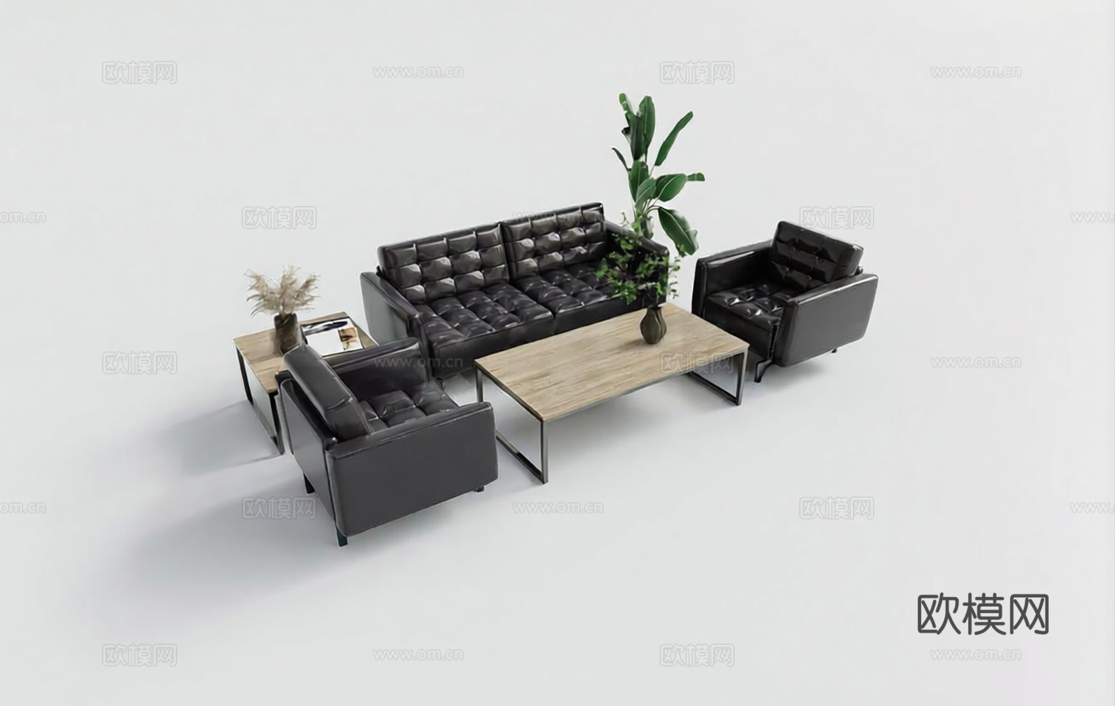 现代简约沙发茶几组合 深灰皮质沙发组合 方形绗缝沙发su模型