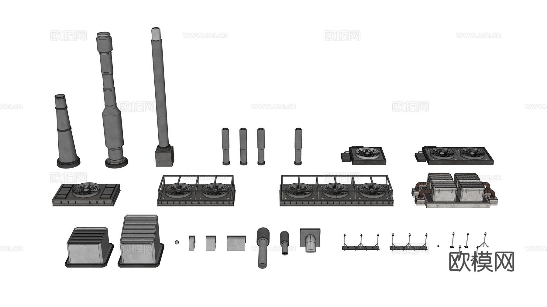 工业设备 工业零件 建筑通风系统 楼顶配件 工业建筑配件su模型