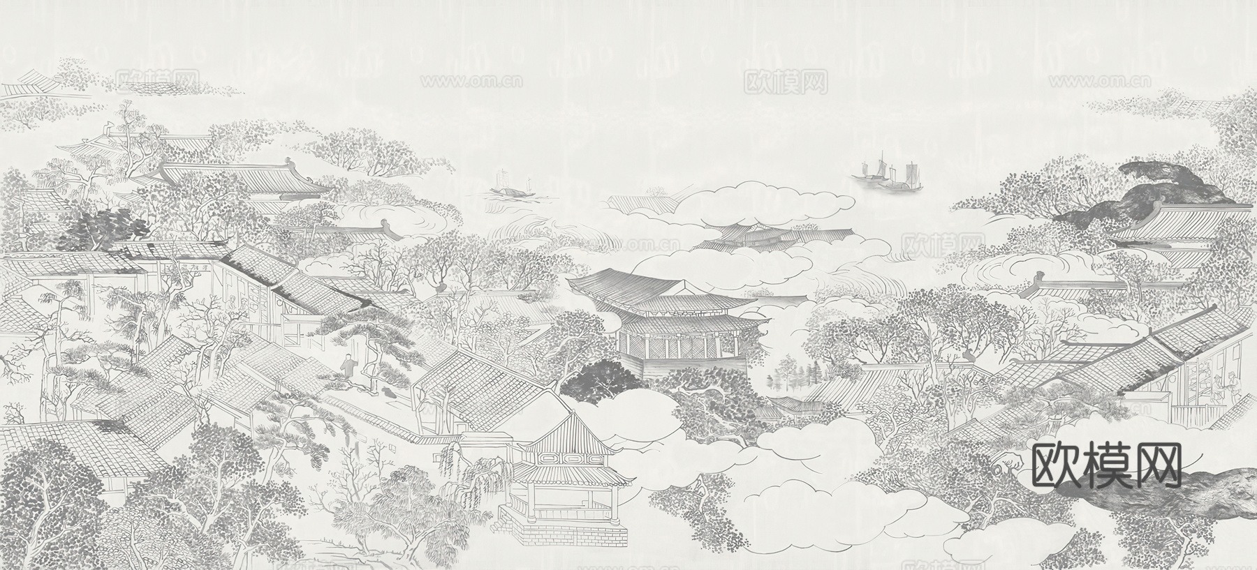 中式新中式山水楼阁意境壁纸壁画 硬包 装饰画