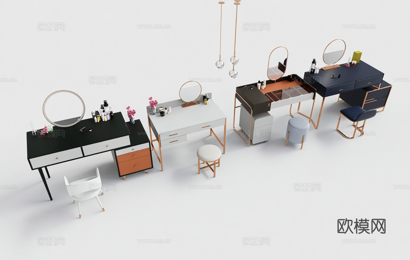 现代梳妆台 卧室梳妆台 化妆台 烤漆台面金属框架su模型