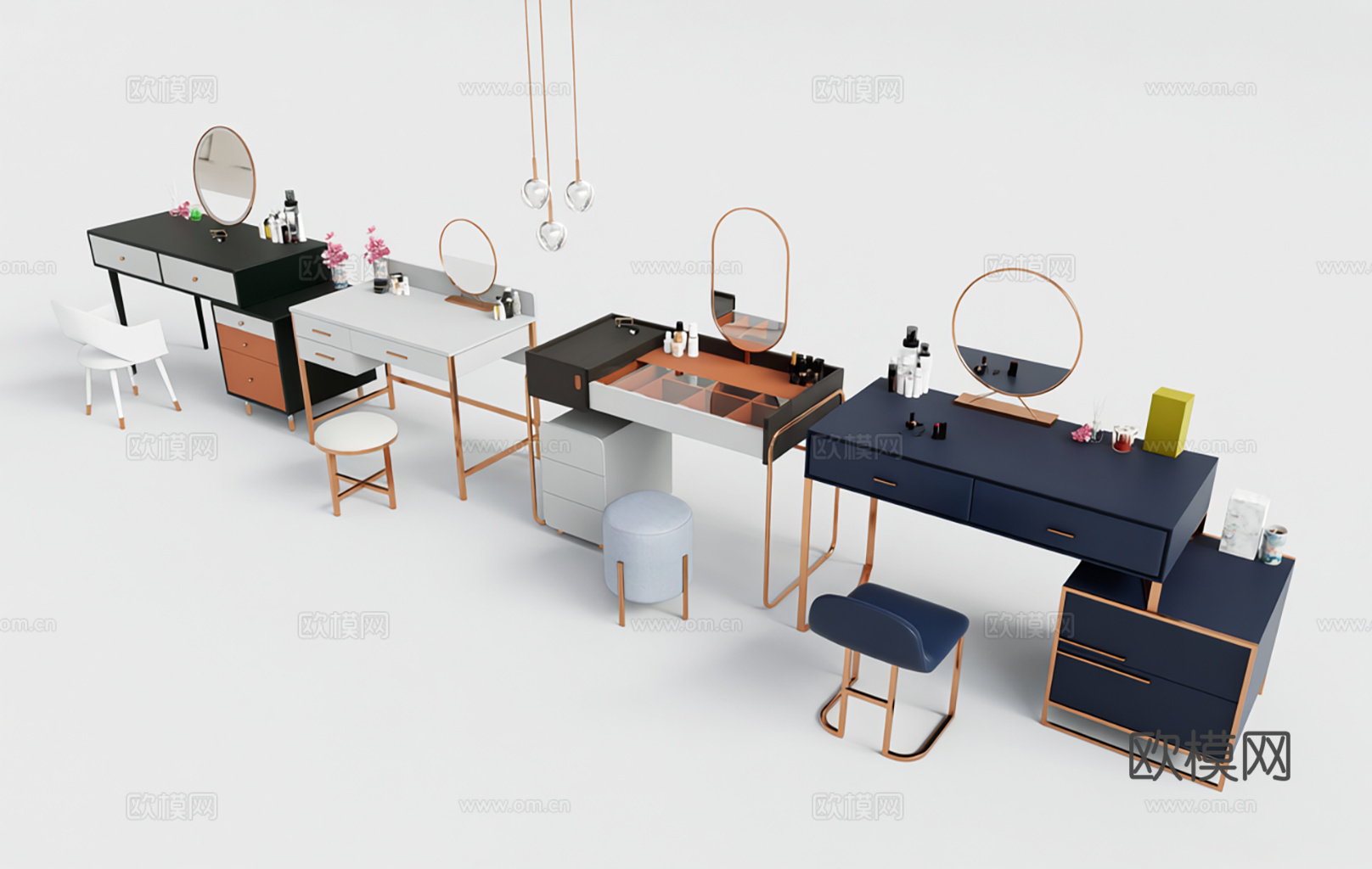 现代梳妆台 卧室梳妆台 化妆台 烤漆台面金属框架su模型