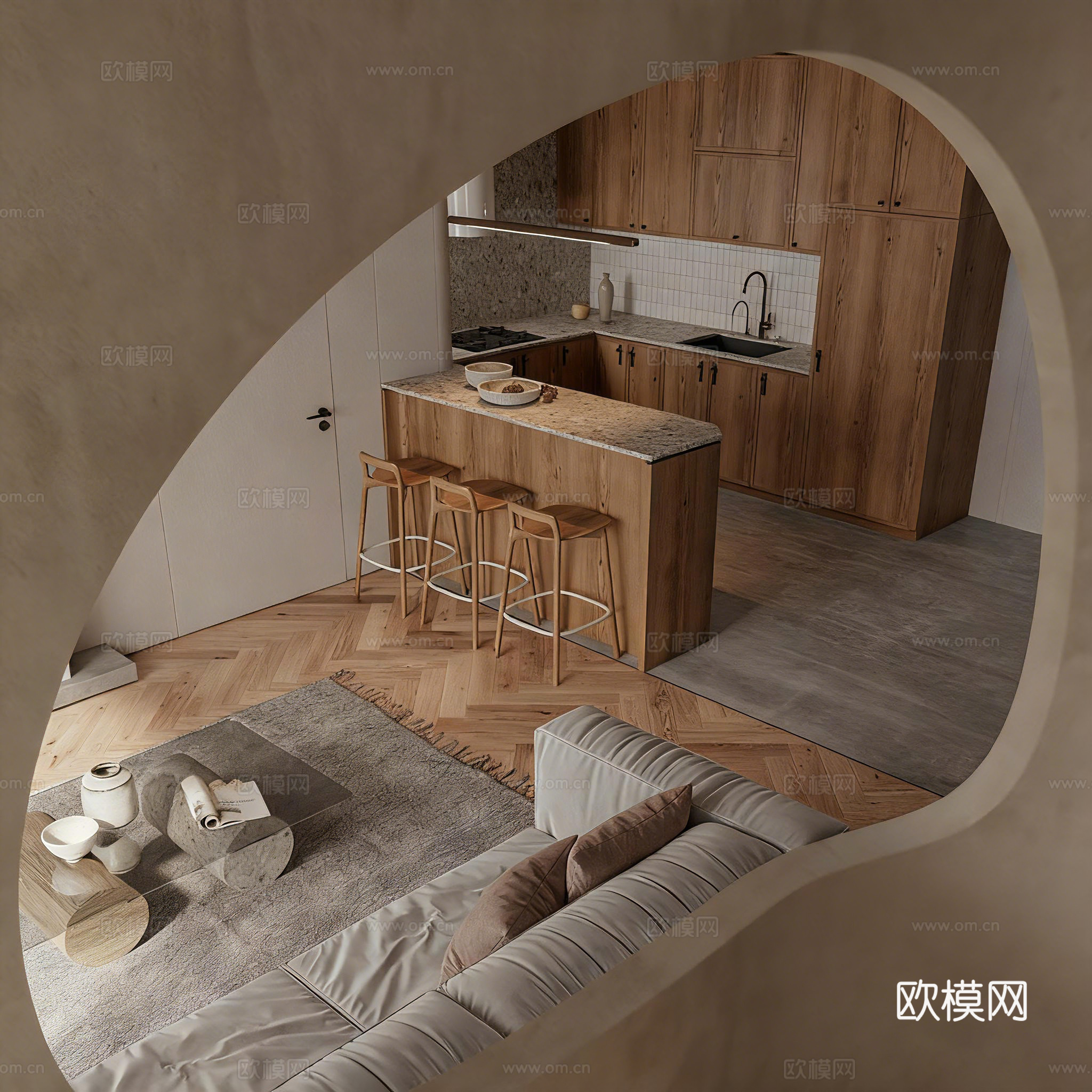 诧祭风民宿 全屋方案 开放式可餐厨一体 异形门窗3d模型下载（渲染图7）