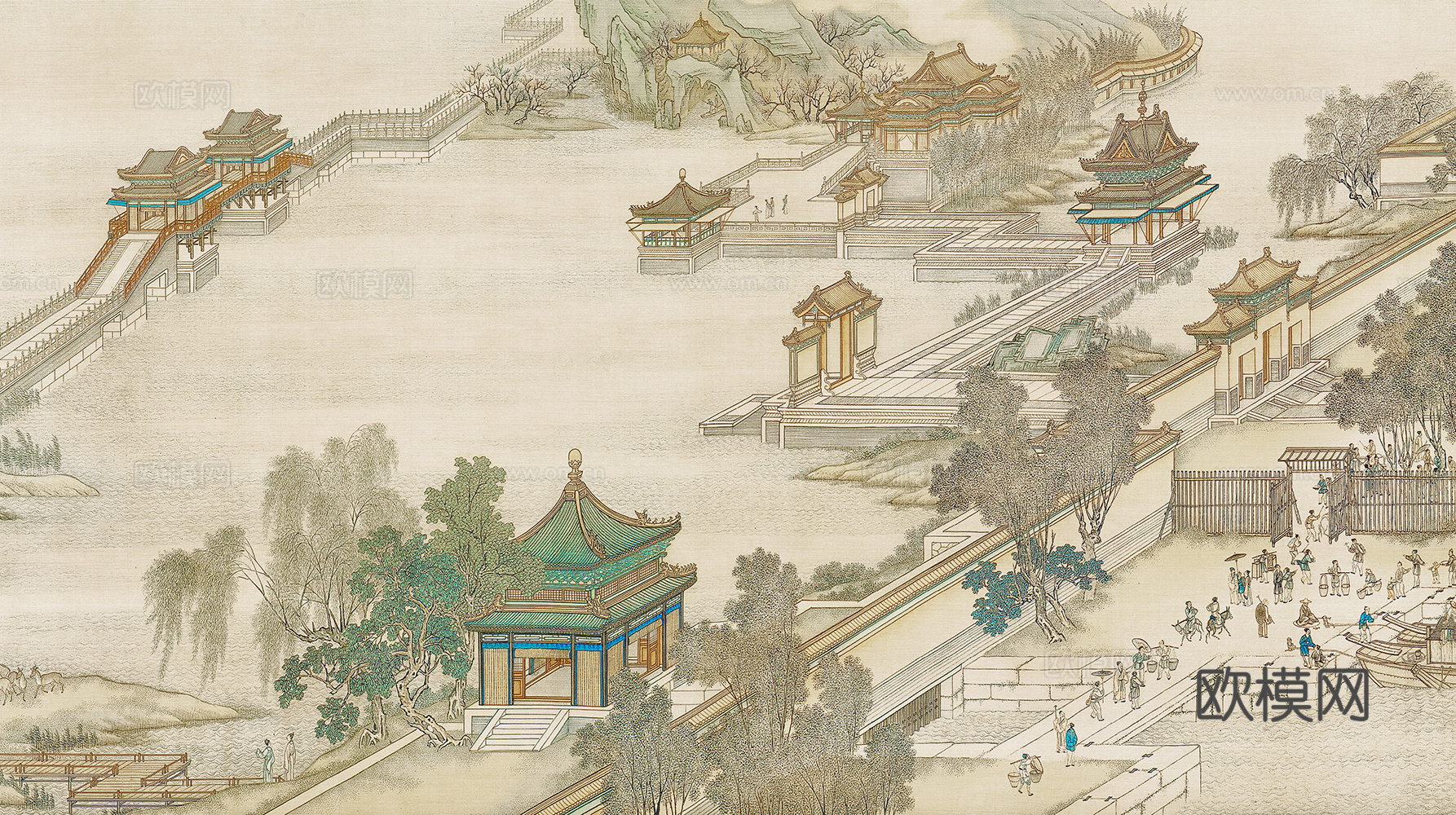 中式新中式山水楼阁意境壁纸壁画 硬包 装饰画