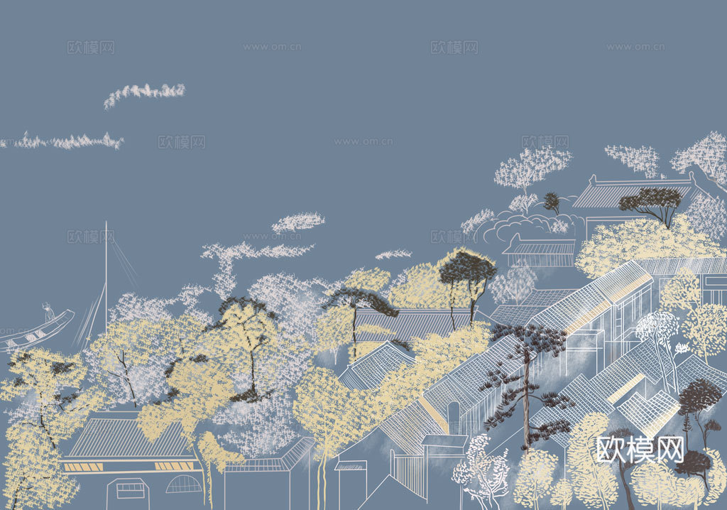 中式新中式山水楼阁意境壁纸壁画 硬包 装饰画