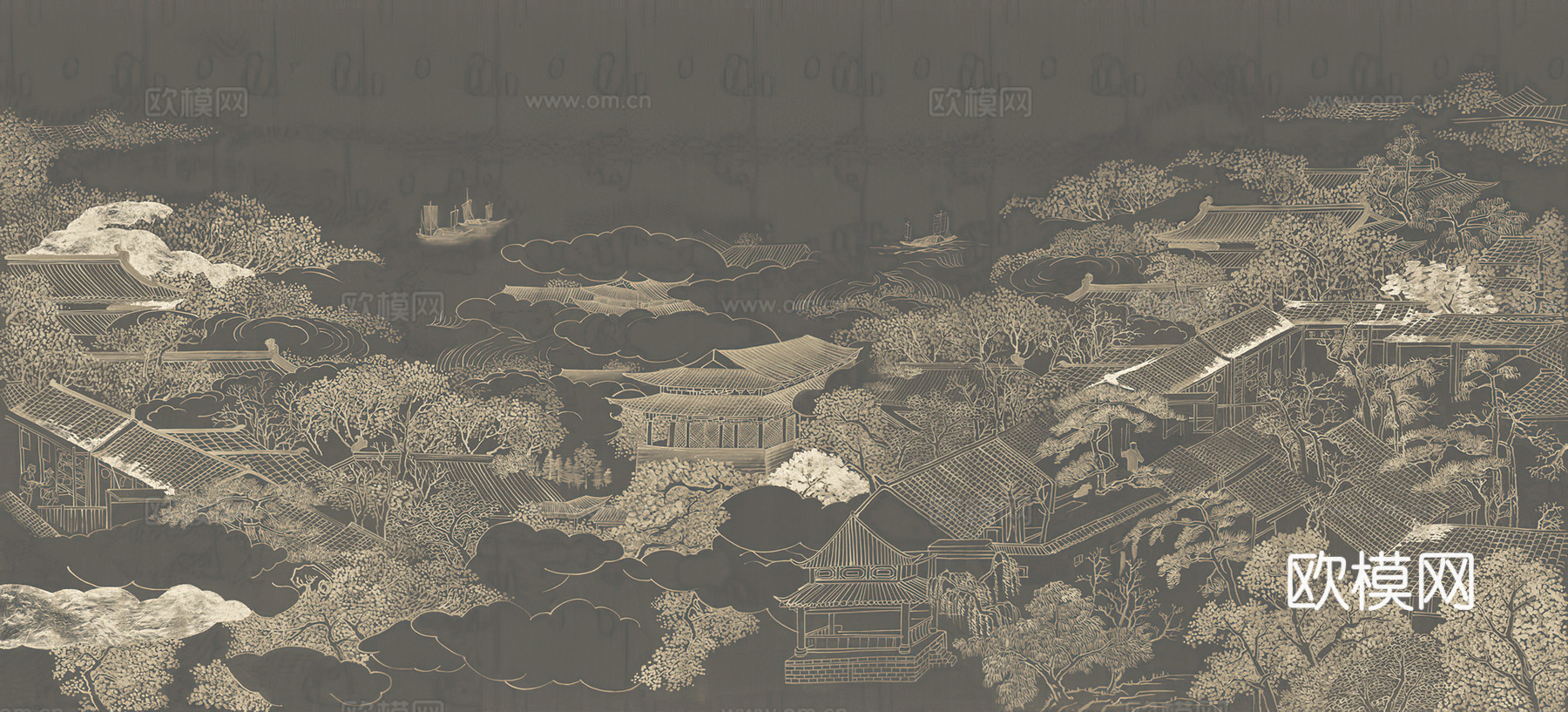 中式新中式山水楼阁意境壁纸壁画 硬包 装饰画