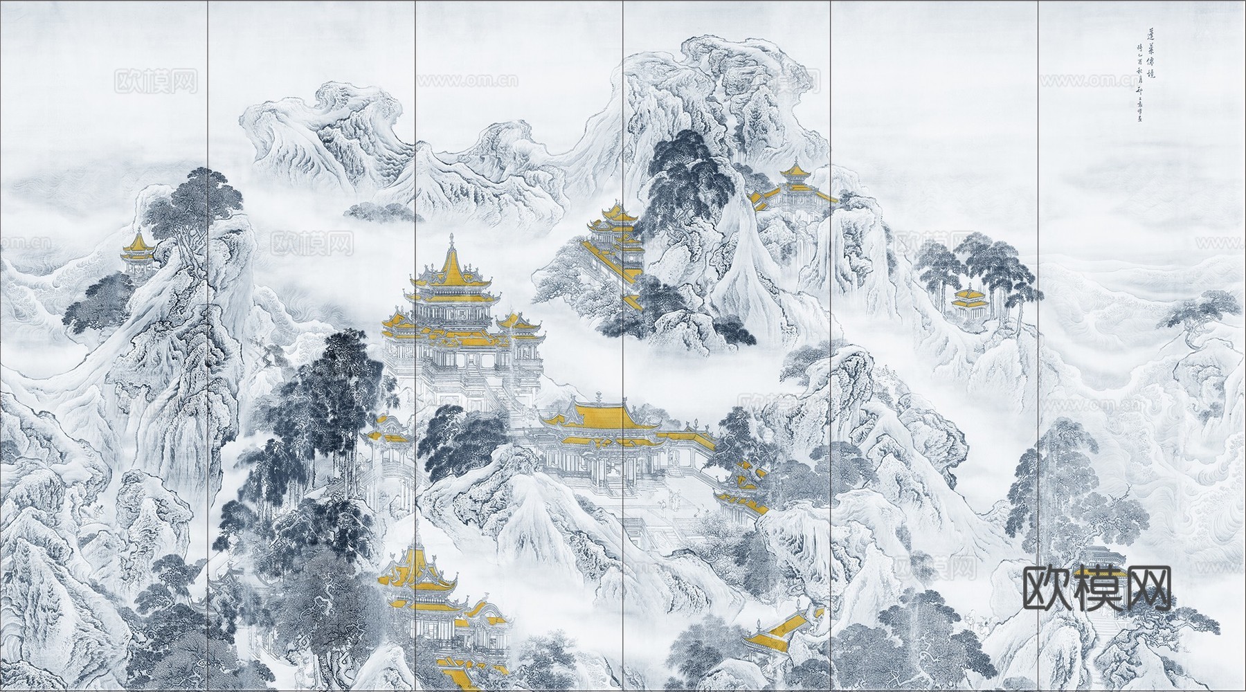 中式新中式山水楼阁意境壁纸壁画 硬包 装饰画