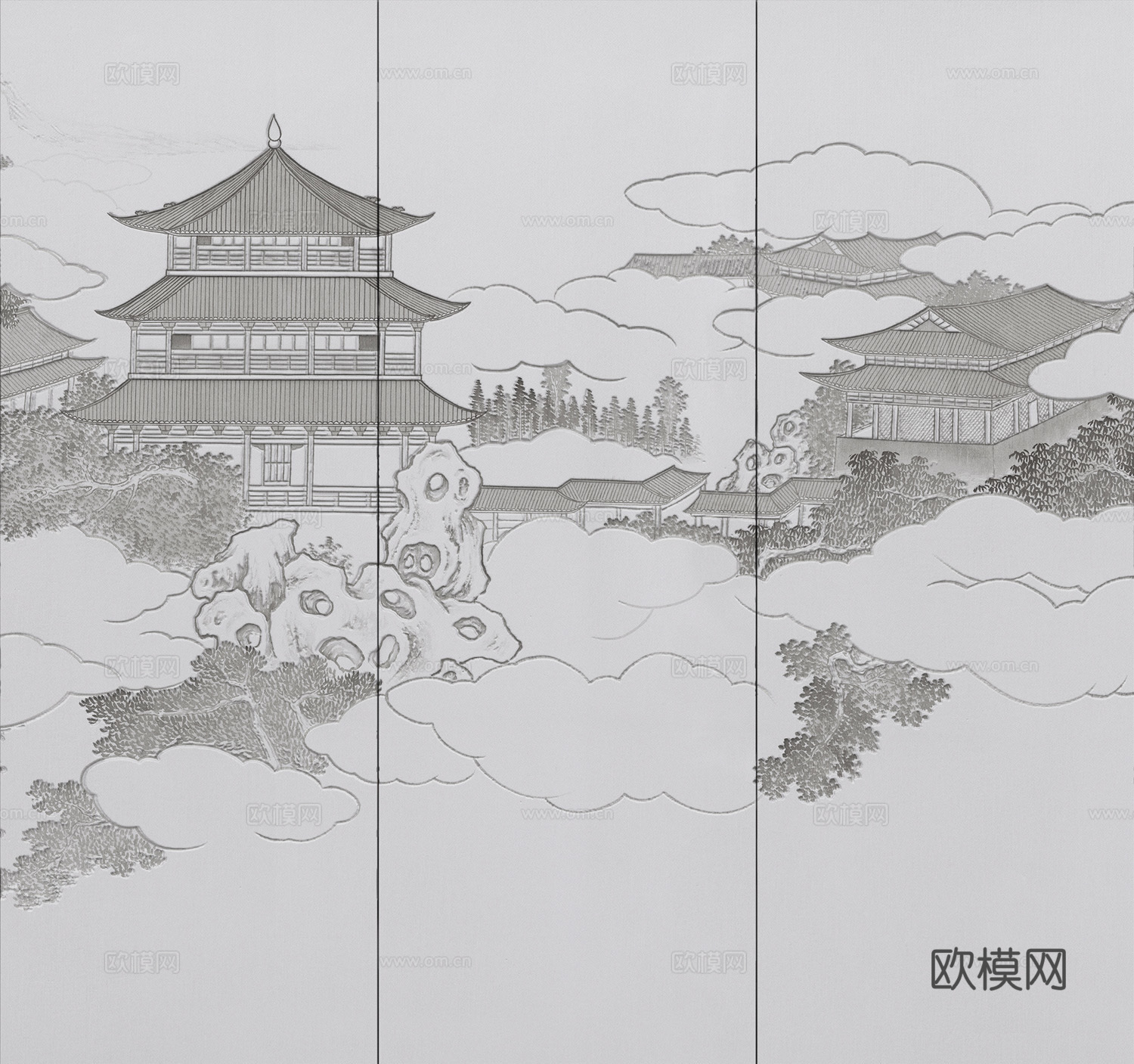 中式新中式山水楼阁意境壁纸壁画 硬包 装饰画下载