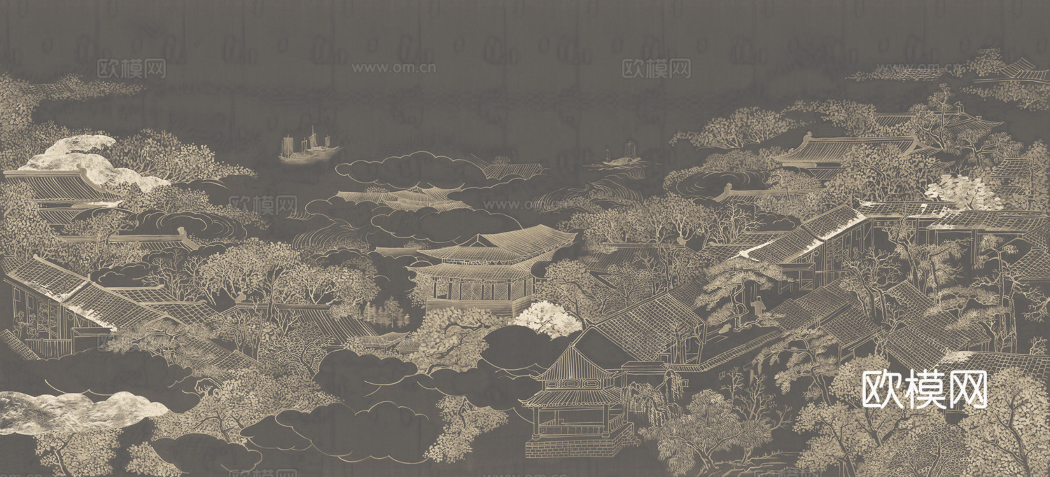 中式新中式山水楼阁意境壁纸壁画 硬包 装饰画下载