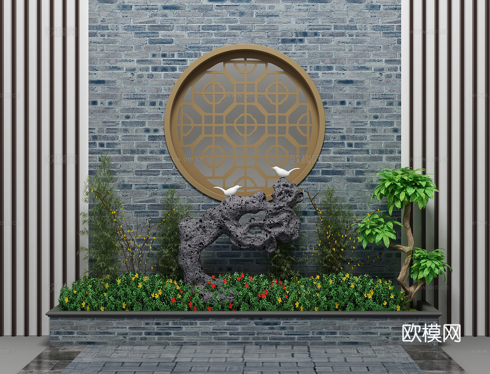 中式园林小景3d模型下载