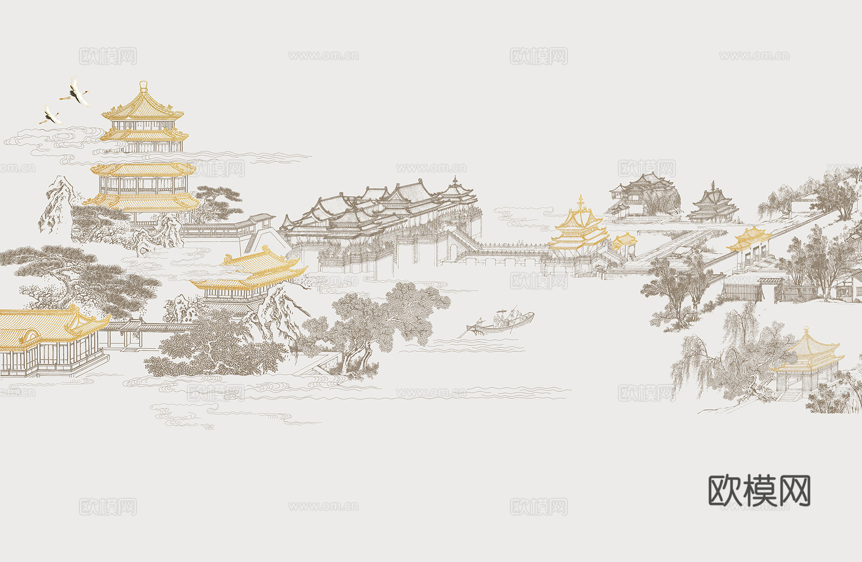 中式新中式山水楼阁意境壁纸壁画 硬包 装饰画