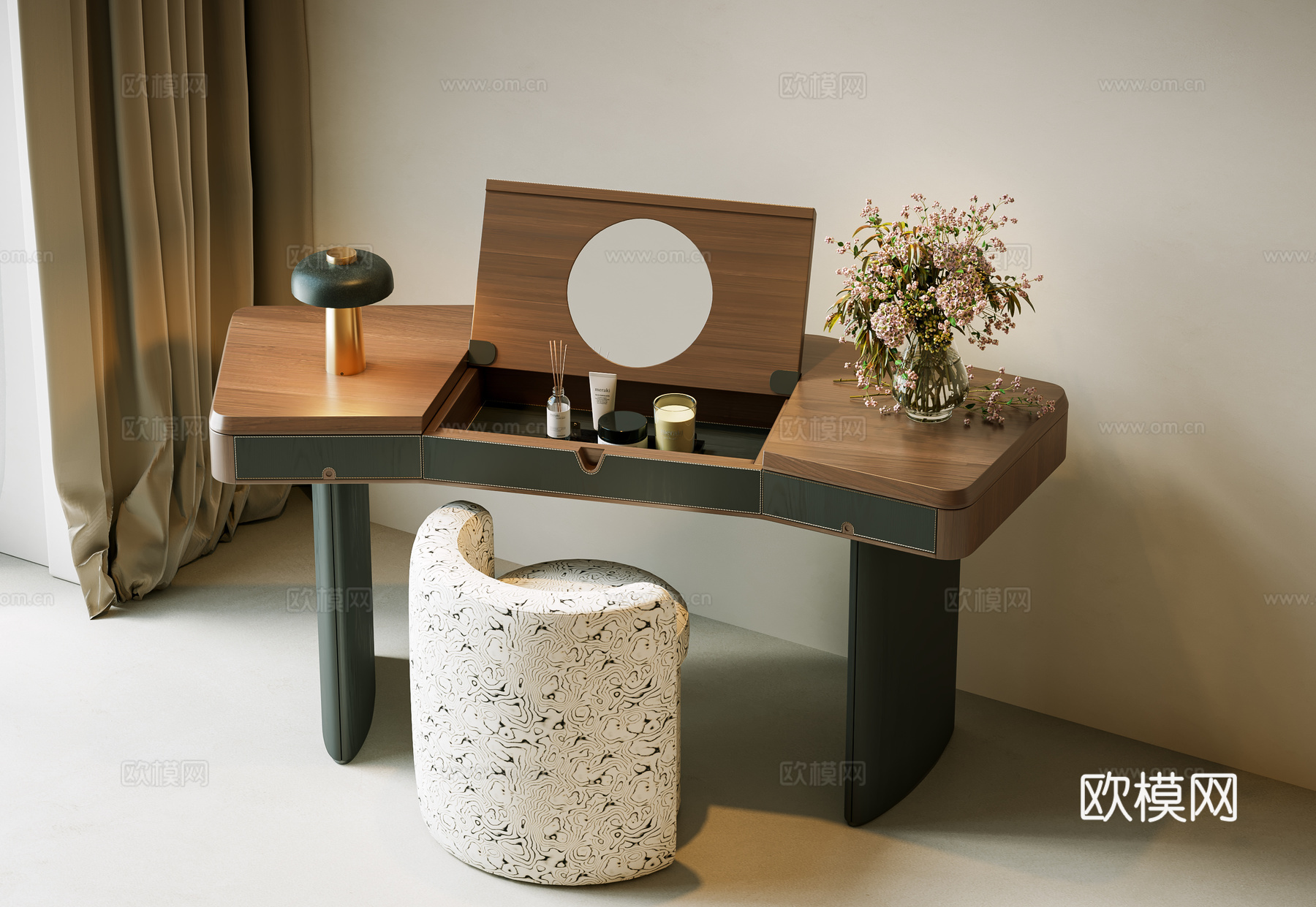 中古风梳妆台 梳妆椅 中古书桌椅 化妆镜 梳妆台摆件 妆台妆su模型