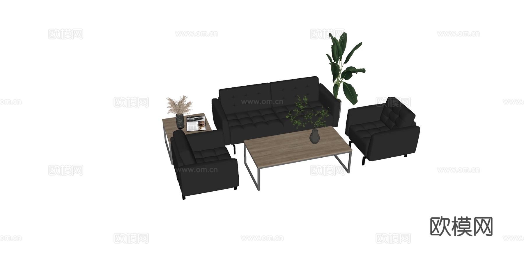 现代简约沙发茶几组合 深灰皮质沙发组合 方形绗缝沙发su模型