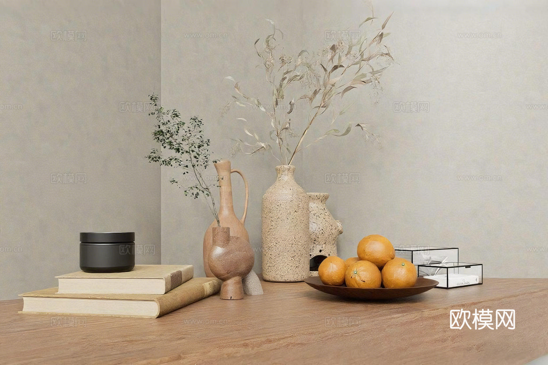 自然风格桌面摆件 陶艺花瓶静物 粗陶质感花瓶 新鲜水果su模型