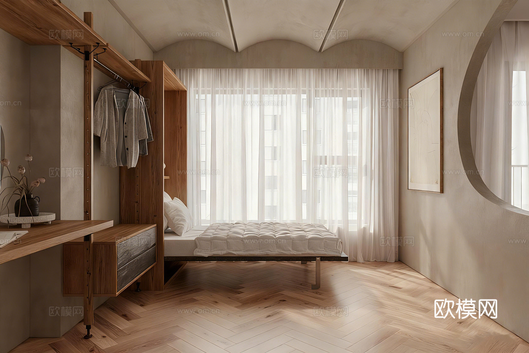 诧祭风民宿 全屋方案 开放式可餐厨一体 异形门窗3d模型下载（渲染图2）