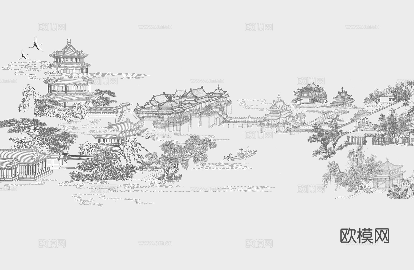 中式新中式山水楼阁意境壁纸壁画 硬包 装饰画