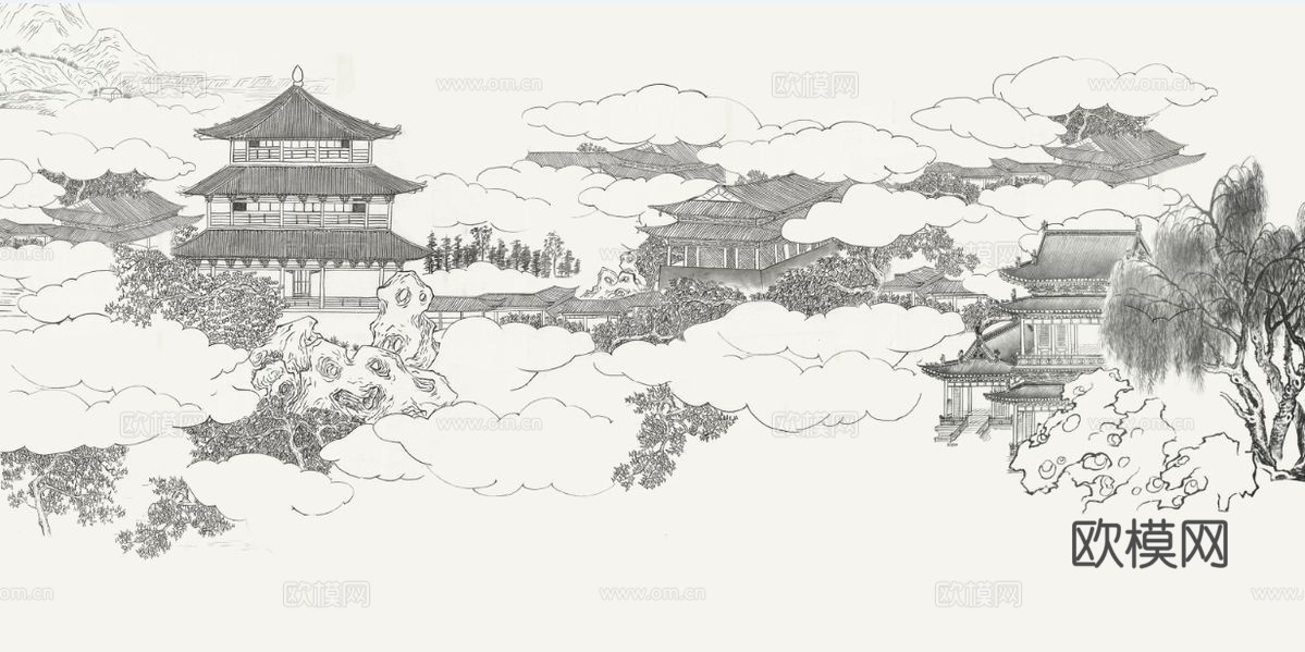 中式新中式山水楼阁意境壁纸壁画 硬包 装饰画