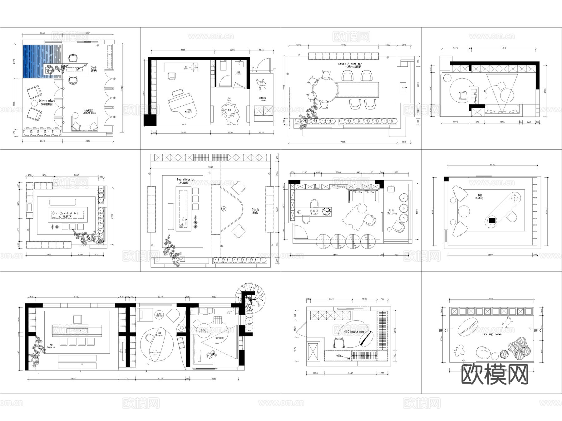 48套书房茶室多功能房家装CAD图块图库cad施工图