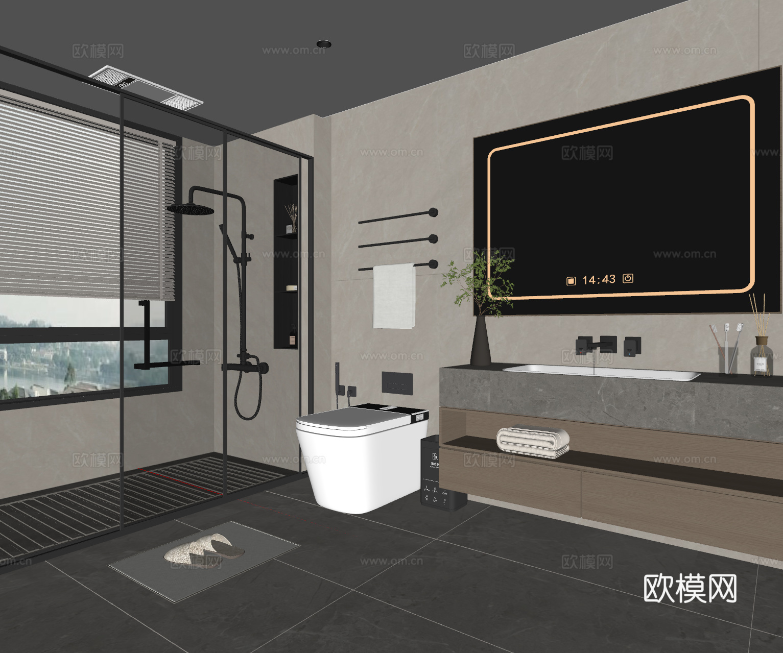 现代简约卫生间 浴室柜 马桶 花洒 淋浴门su模型