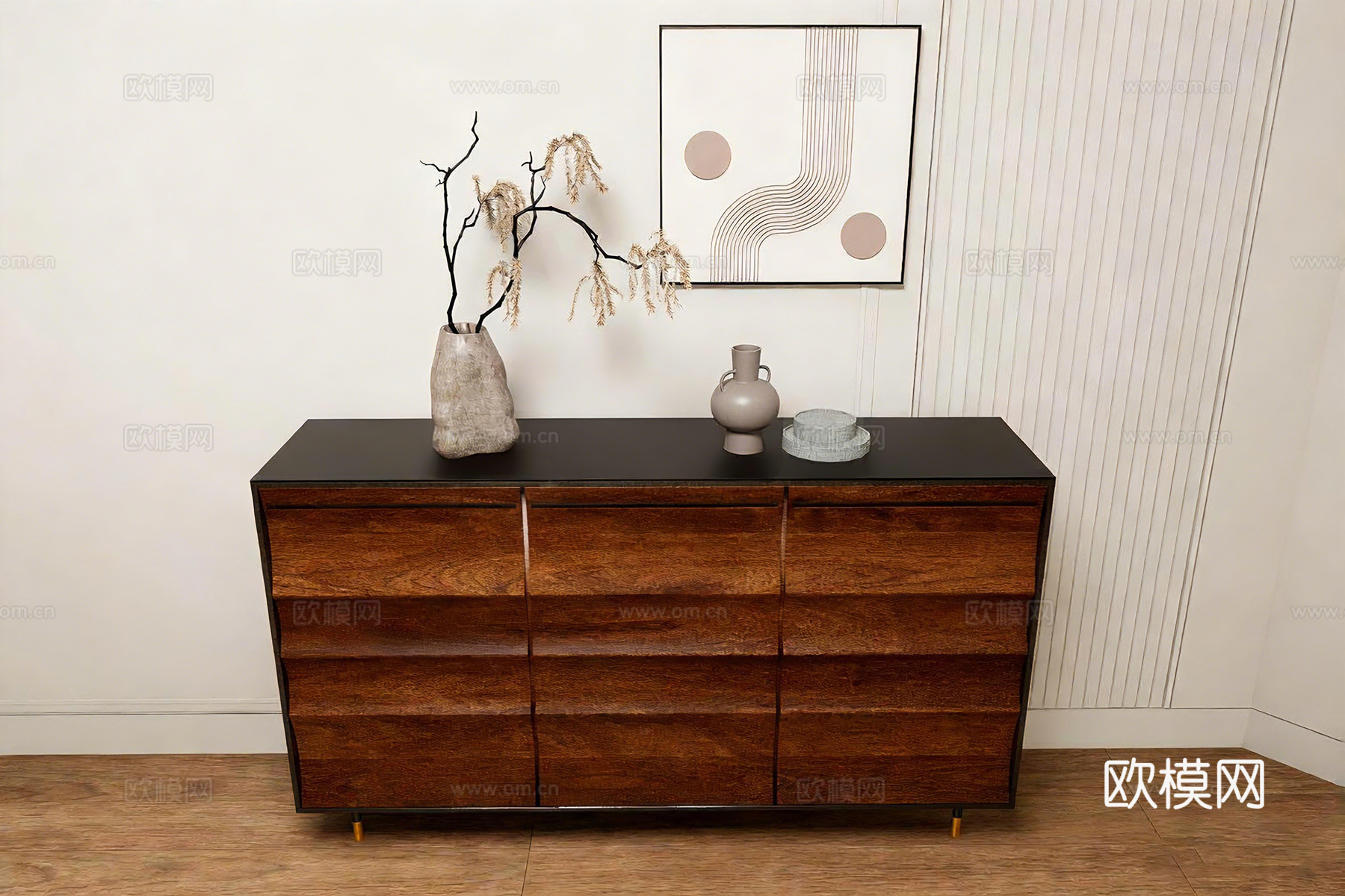 现代简约斗柜 深色系收纳柜 卧室玄关储物柜 波纹纹理木饰面su模型