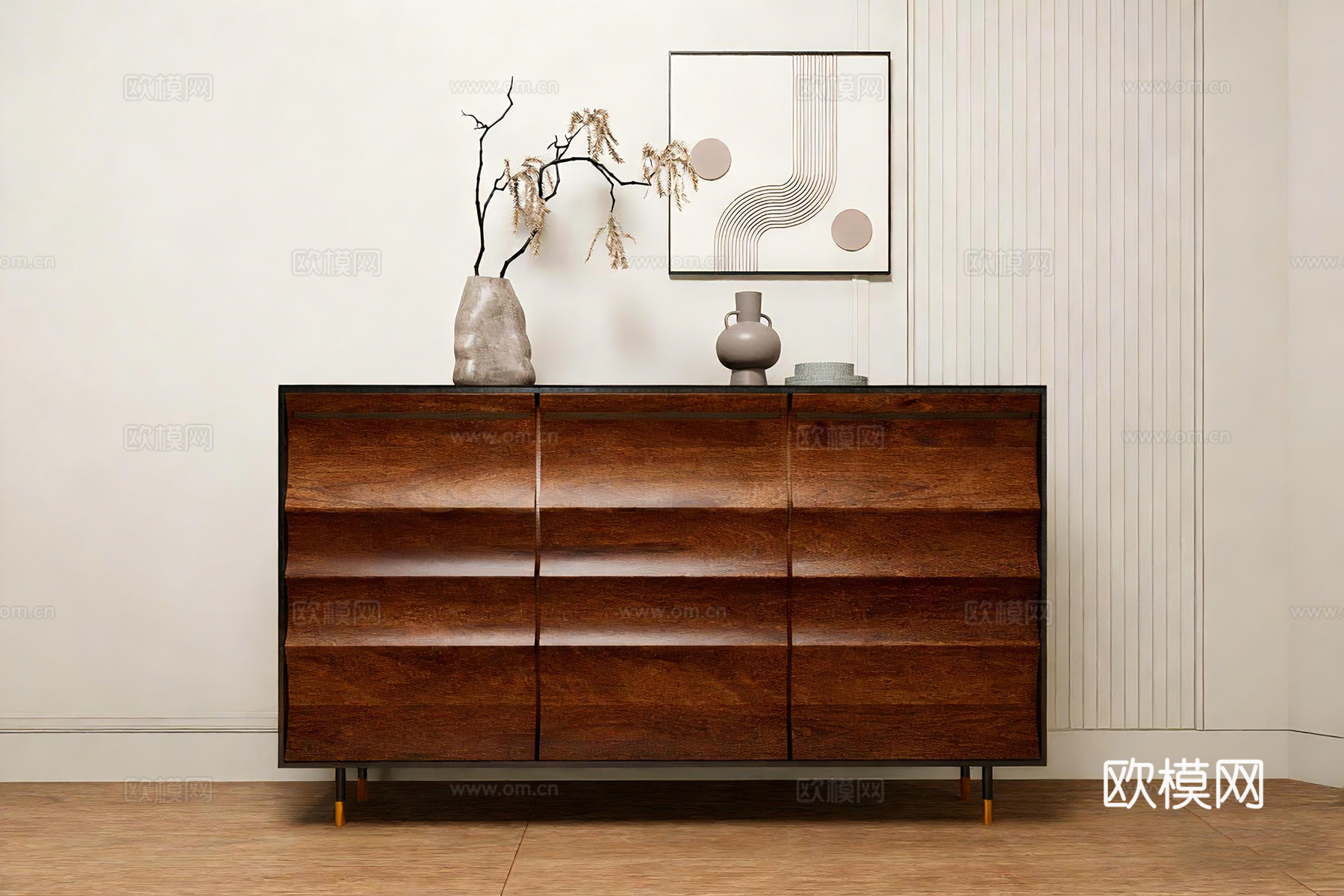 现代简约斗柜 深色系收纳柜 卧室玄关储物柜 波纹纹理木饰面su模型