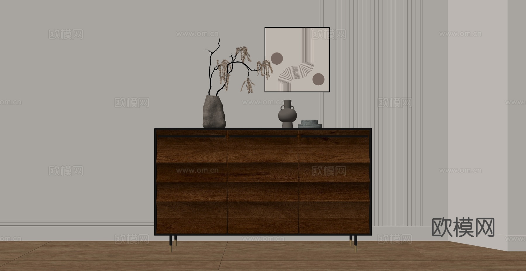 现代简约斗柜 深色系收纳柜 卧室玄关储物柜 波纹纹理木饰面su模型