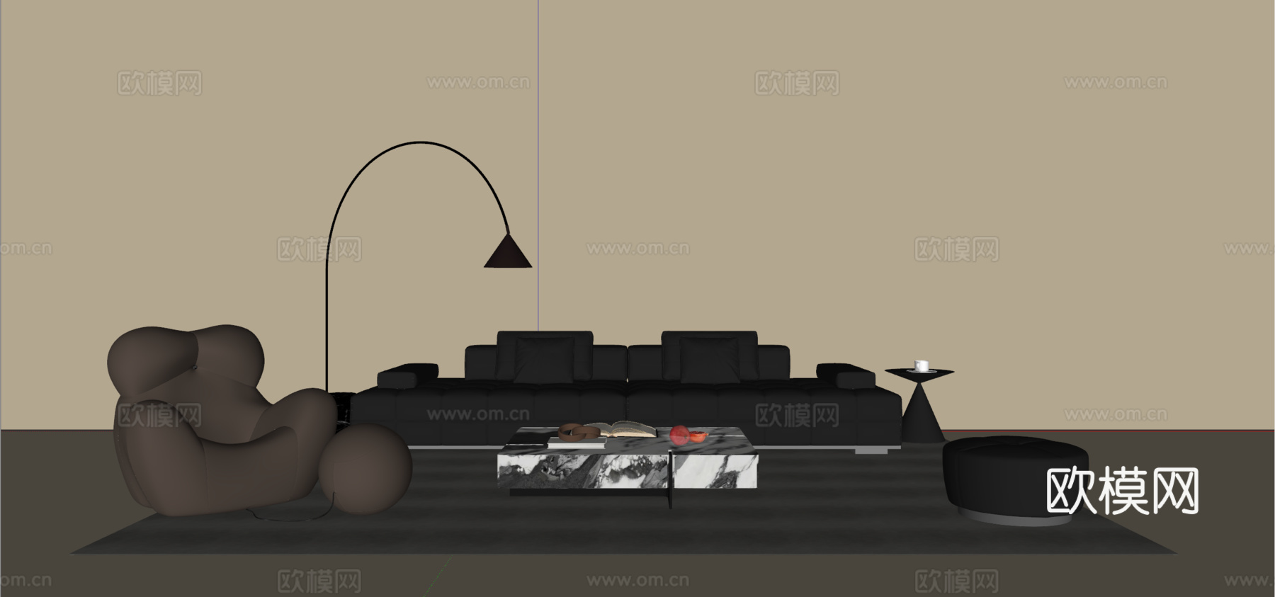 现代意式沙发茶几组合 多人沙发 懒人沙发 落地灯 地毯su模型