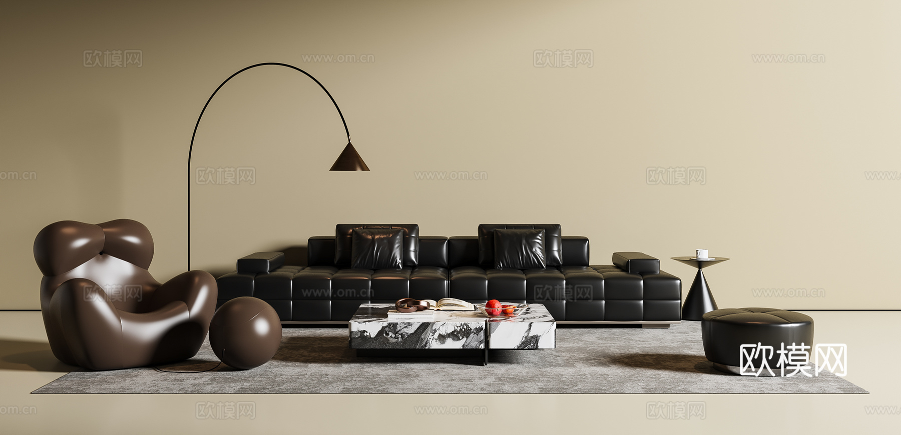 现代意式沙发茶几组合 多人沙发 懒人沙发 落地灯 地毯su模型