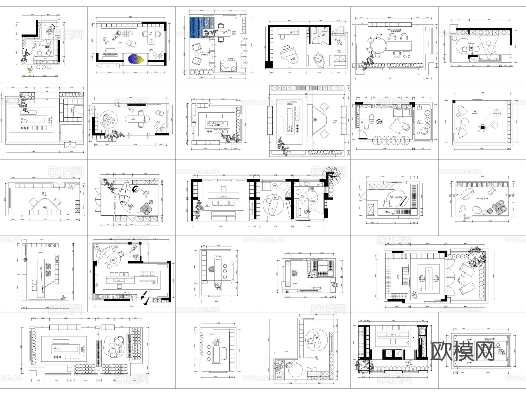 48套书房茶室多功能房家装CAD图块图库cad施工图