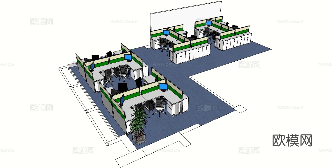 办公工位 文件柜 办公家具 工位 办公室 屏风工位su模型